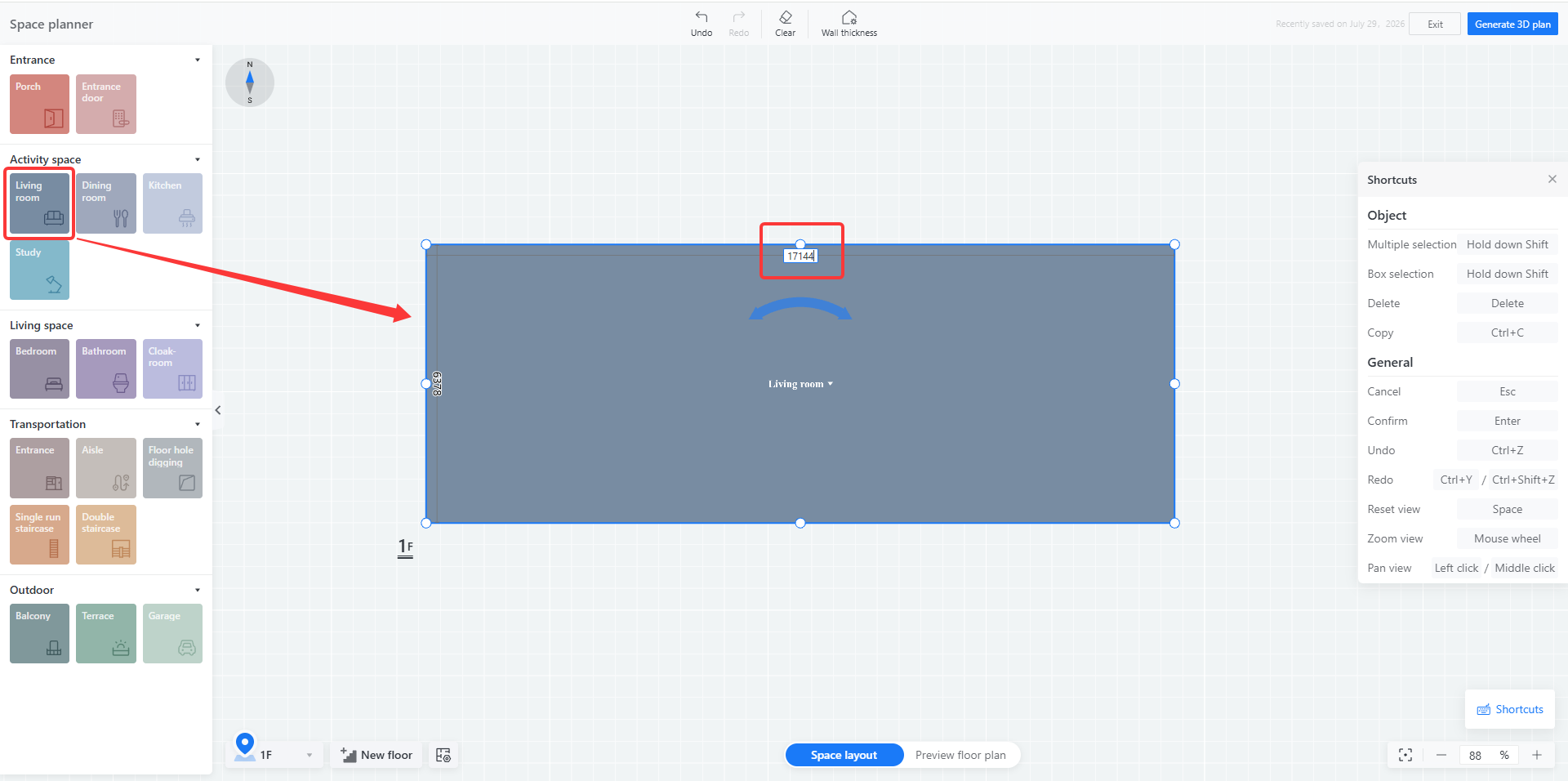 **Module:** Space Planner > Room Layout Editor

**Annotations:**
1. **Red Arrow:** Points from the "Living room" tool in the Activity space panel to the corresponding room area on the canvas. This indicates the action of selecting or placing a "Living room" object into the floor plan.
2. **Red Box:** Highlights the dimension value (17144) on the top edge of the selected room. This is used to view or modify the specific length of the room wall.