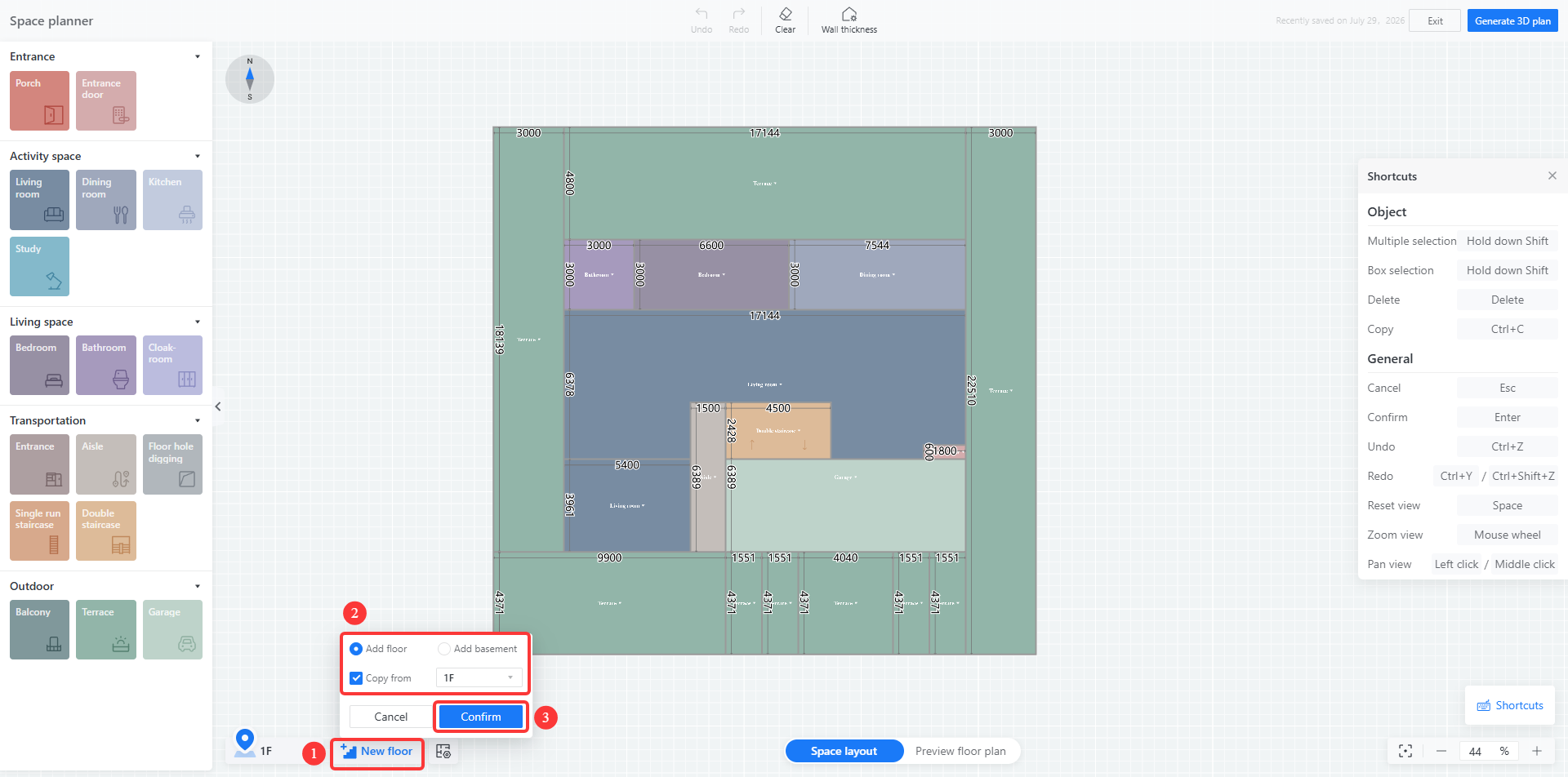 1. Interface module: Space planner > Floor management
2. Annotation targets:
① "New floor" button
② "Add floor/Add basement" selection panel (with "Copy from" dropdown menu)
③ "Confirm" button
3. Operation purpose: The user first clicks ① to create a new floor, selects adding a floor or basement in ② and specifies the copy source, then finally clicks ③ to confirm and complete the creation of the new floor.