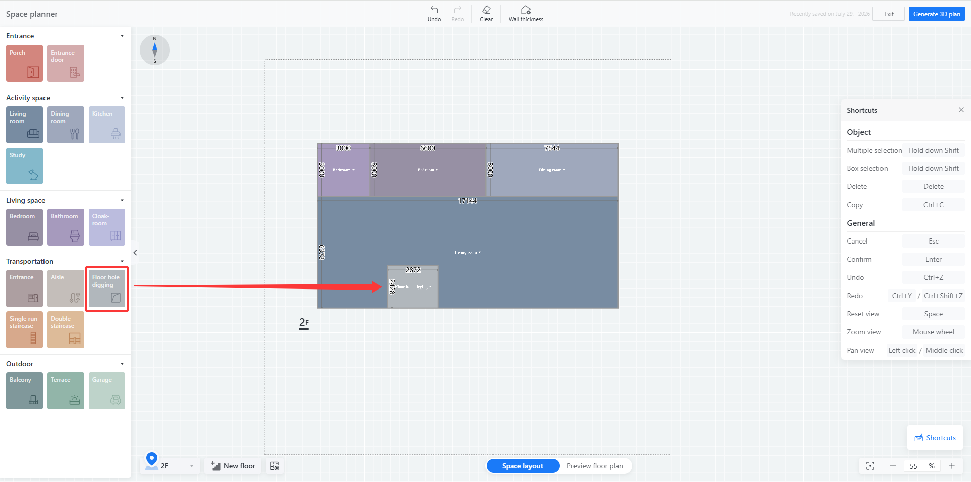 1. Interface or Functional Module Name: Space planner > Transportation panel
2. Precisely Pointed Objects: The "Floor hole digging" button highlighted in a red box, and the corresponding "Floor hole digging" area on the canvas pointed to by the arrow.
3. Function in the Workflow: Used to create or define the position and size of floor openings (such as stairwells, atriums, etc.) in the floor plan layout.