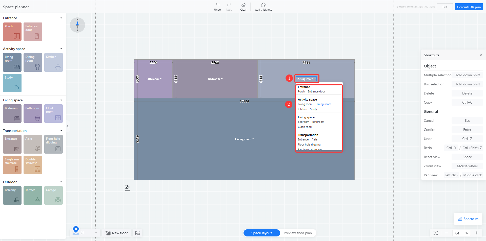 **Module:** Space Planner > Floor Plan Editor

**Annotations:**
1. **Target:** "Dining room" room label dropdown.
   **Action:** Click to open the room type selection menu.
2. **Target:** Room type selection dropdown list.
   **Action:** Select a specific room category (e.g., Entrance, Activity space, Living space, Transportation) to redefine the function of the selected area.

**Workflow:** The user first clicks the room label (①) to trigger the dropdown menu, then selects a new room type from the list (②) to update the space designation.