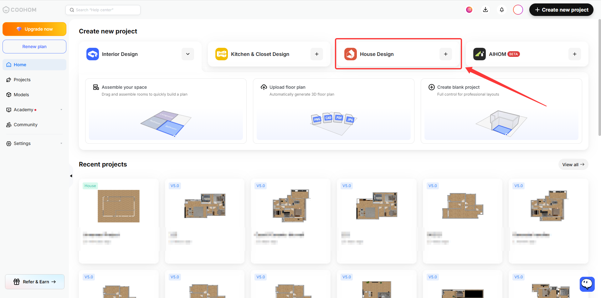 1. Interface/Functional Module: Homepage > Create new project
2. Annotation Target: The red arrow points to and highlights the "House Design" project type tab.
3. Purpose: Used to select the "House Design" mode to start creating a new architectural design project.