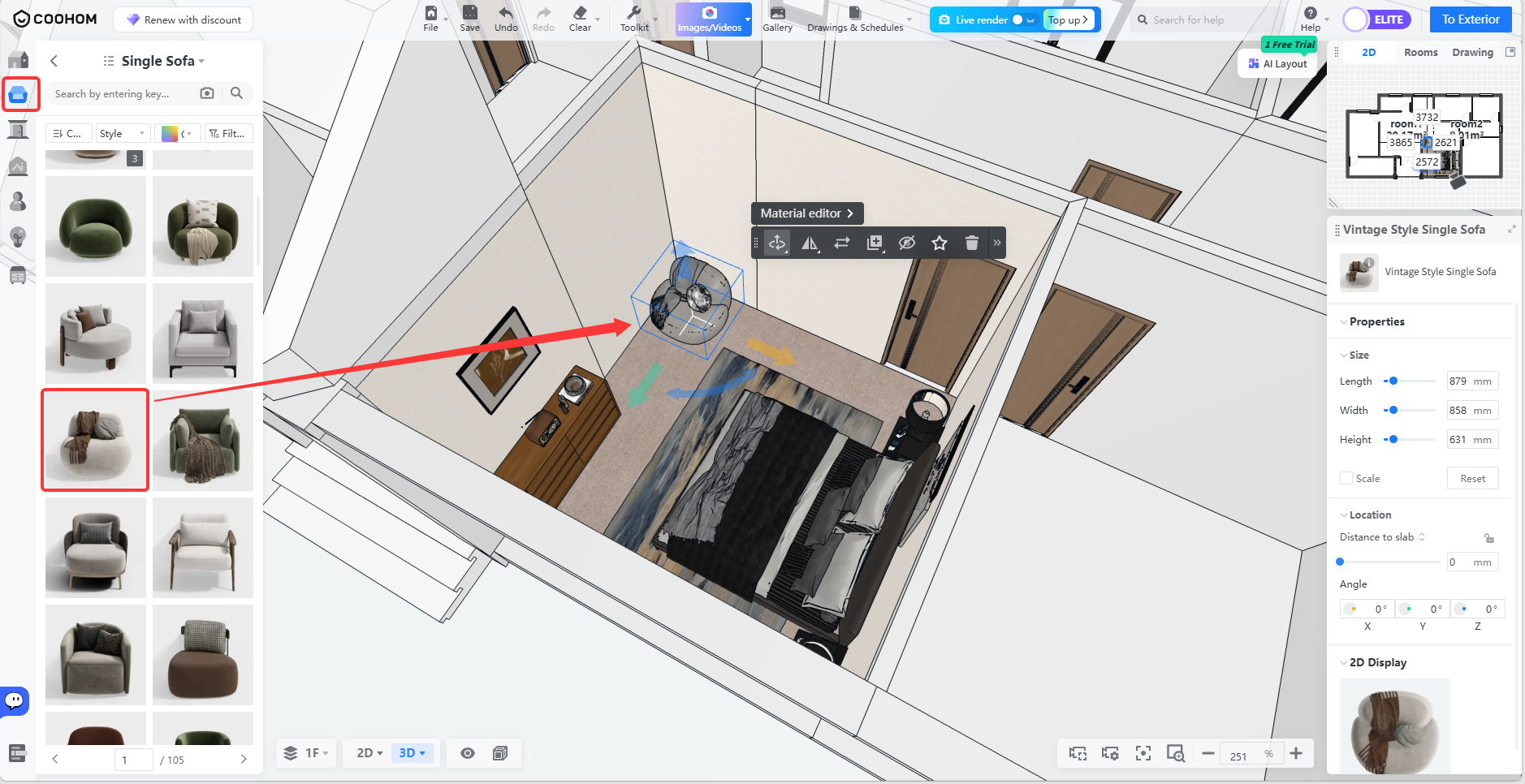 1. Interface/Feature Module: Model Library > Single Sofa list
2. Annotation Guide:
   - Red box: A specific "Single Sofa" model item in the Model Library.
   - Red arrow endpoint: The placed sofa model in the scene editor.
3. Action: Demonstrates the workflow of selecting a specific furniture item from the left-side Model Library and adding it to the 3D scene.