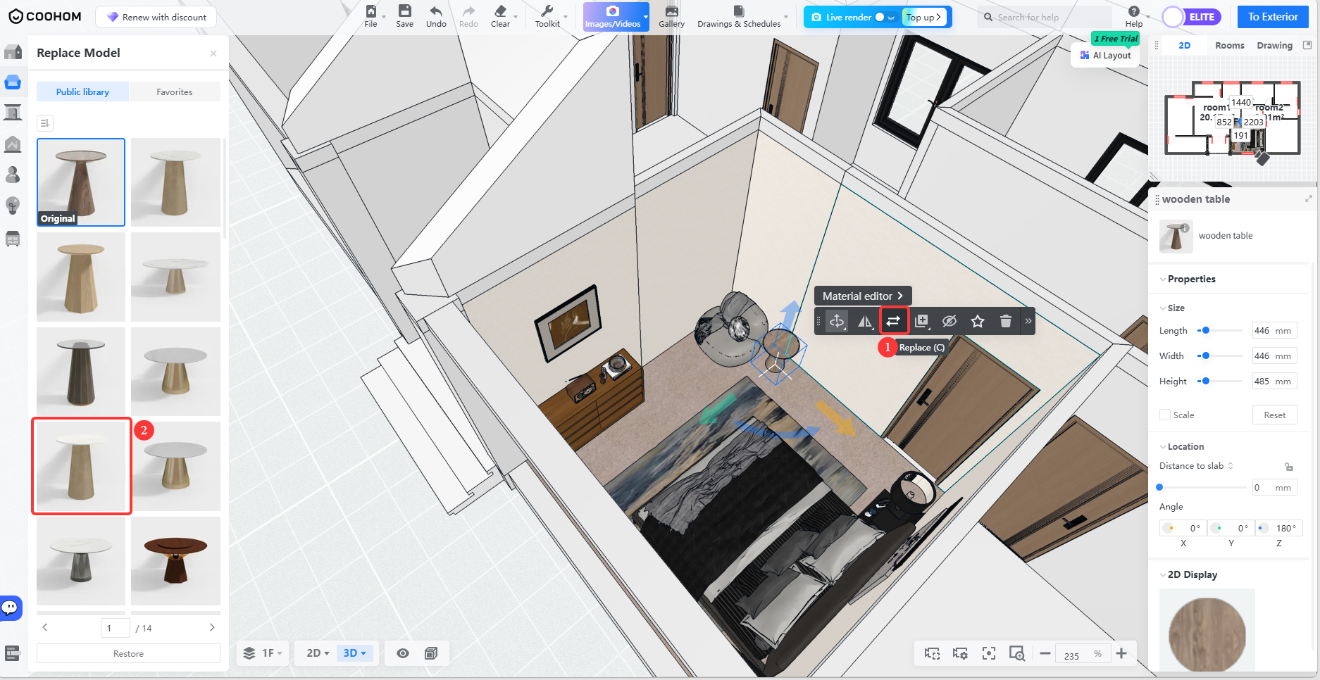 1. Interface/Feature Module: Model Editing > Replace Model
2. Annotation Targets:
- ① Points to the "Replace (C)" button in the quick toolbar for the selected object in the scene.
- ② Points to a model list item (specifically a white round table) in the "Replace Model" panel on the left.
3. Workflow: The user first clicks the ① "Replace (C)" button to activate the replace function, then clicks the ② target model in the library on the left to quickly swap the current model in the scene with the newly selected one.
