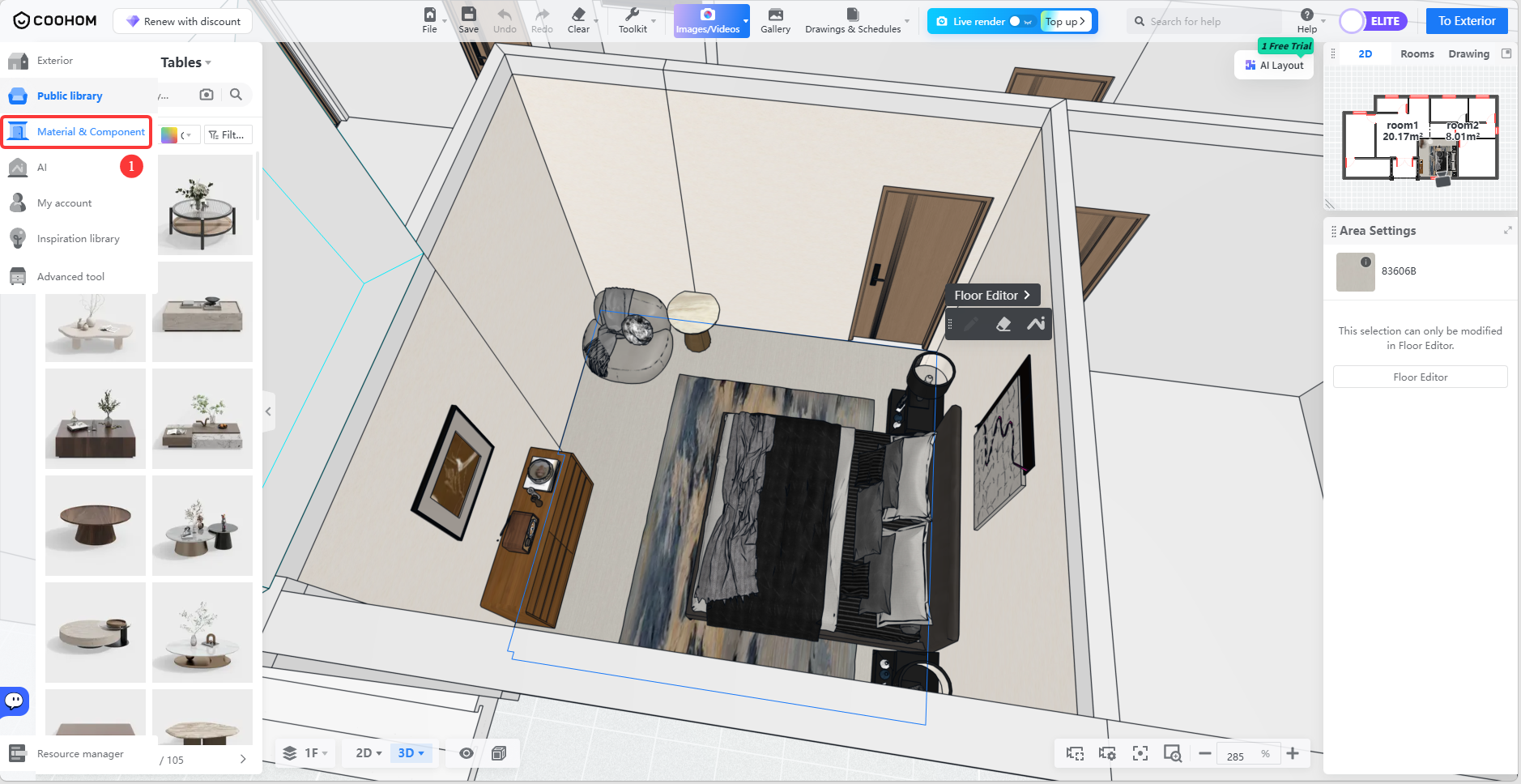 1. Interface or module name: Left navigation panel > Library
2. The exact object the annotation points to: The "Material & Component" tab
3. Its role in the workflow: Used to switch to the material and component library, allowing you to select and apply specific materials to models in the scene or add components.