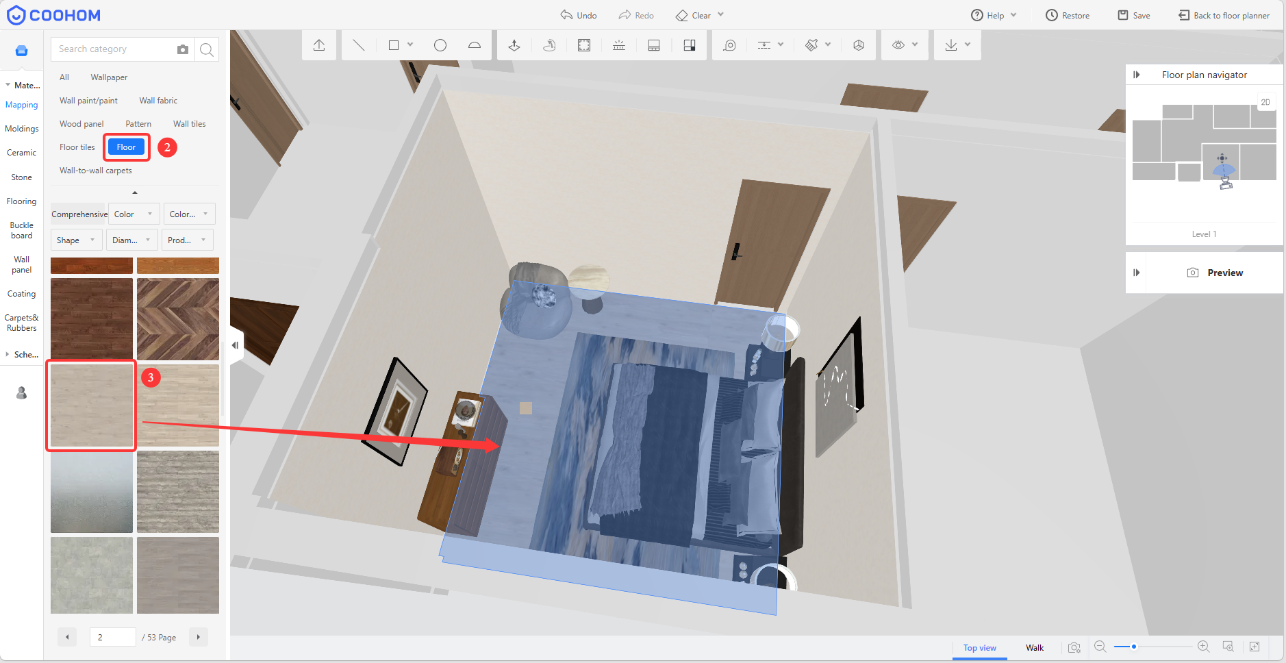 1. Interface module: Material Library > Floor Material Selection Panel
2. Annotation references:
   - Number ②: Points to the "Floor" category tab.
   - Number ③ and red box: Points to a specific "wood floor material sample."
   - Red arrow: Points from the selected material sample to the "floor area" in the scene.
3. Function: Users first select the "Floor" category, then click a specific material from the material list to apply it to the floor area in the scene, completing the flooring application.