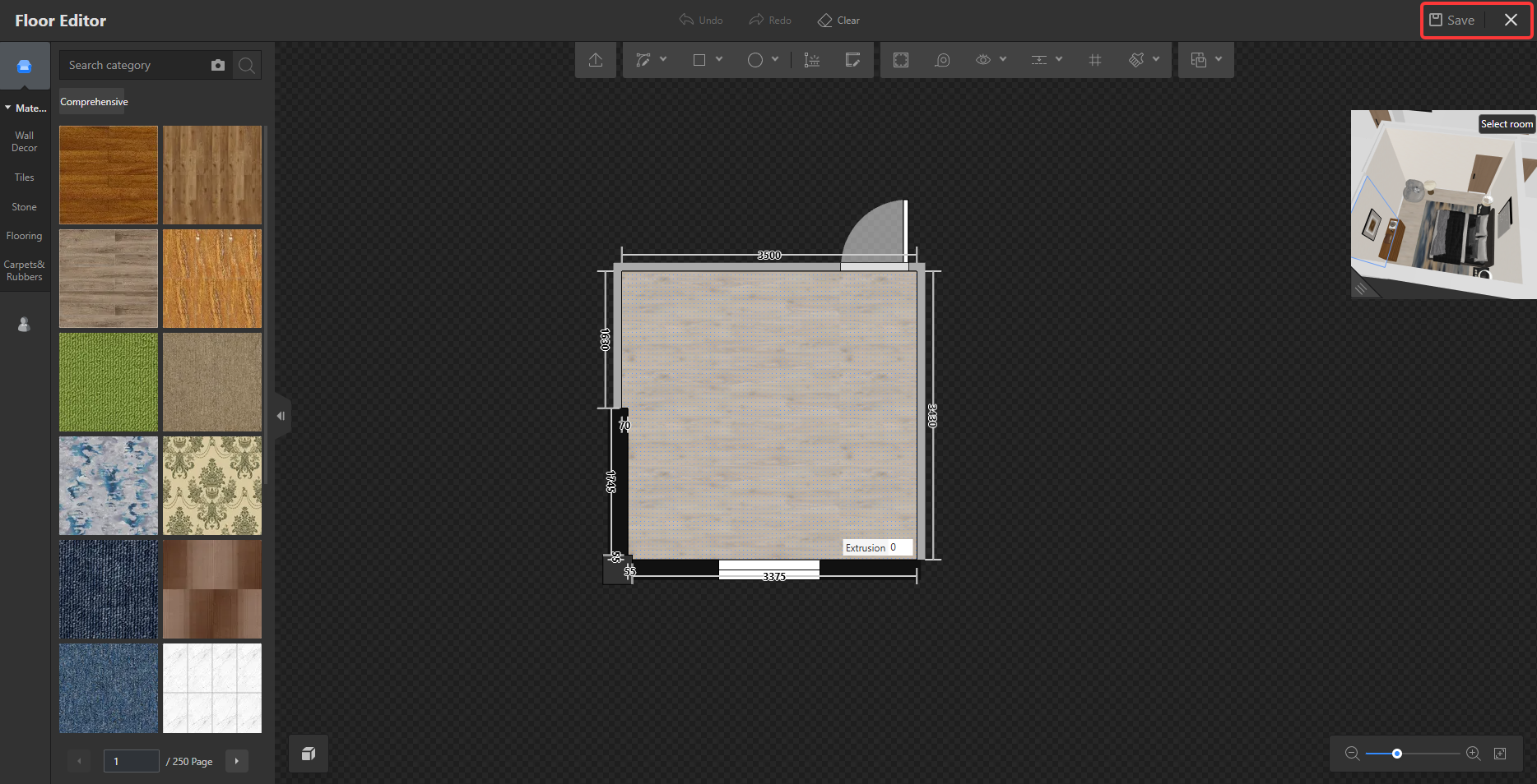 The screenshot does not contain any red, yellow, or blue instructional markers (such as arrows, boxes, circles, or numbered indicators). Therefore, no specific interactive guidance points can be identified.

The interface shown is the Floor Editor, which includes a material selection panel on the left, a planar editing area in the center, and a toolbar at the top. If you need an analysis of a specific operation, please provide a screenshot with annotations.