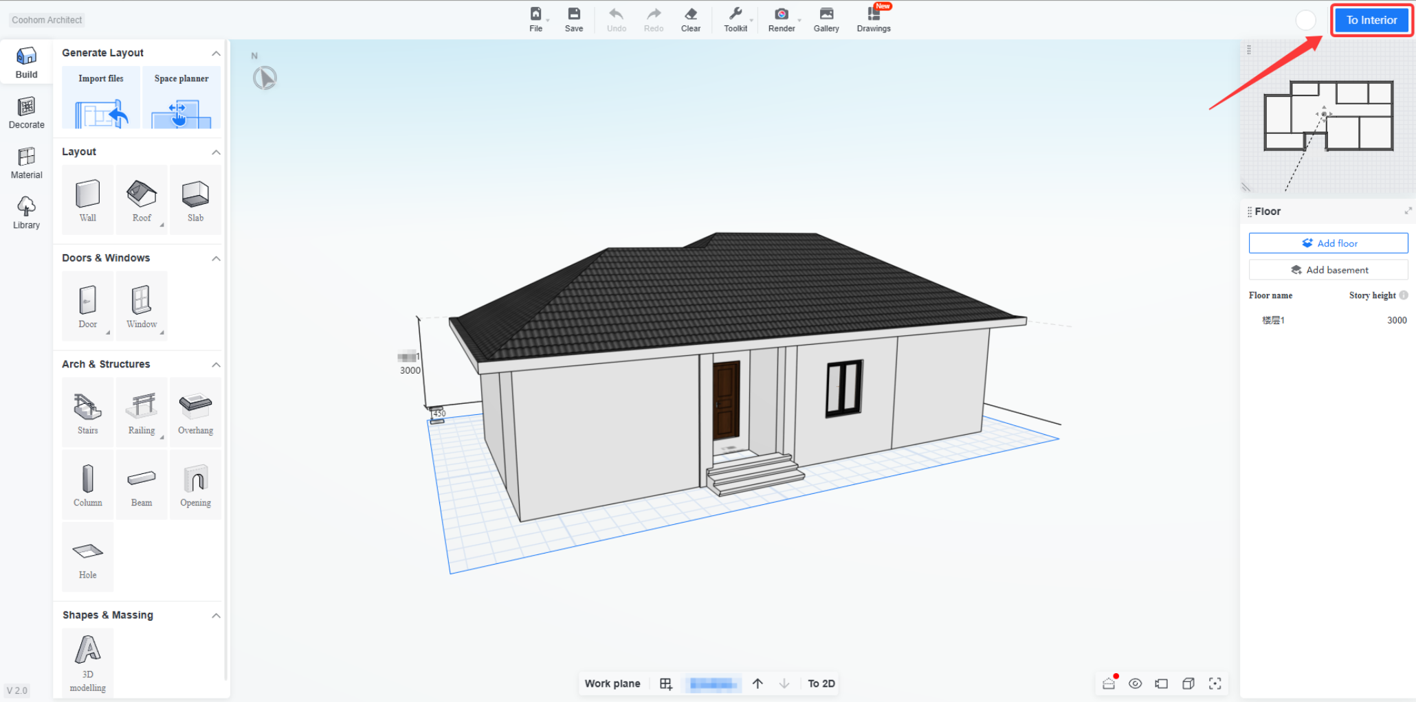 1. UI or functional module name: Top toolbar area  
2. Precise object indicated by the annotation: "To Interior" button  
3. Role of this action in the workflow: Used to switch from the current building exterior/structural design mode to the interior design mode.
