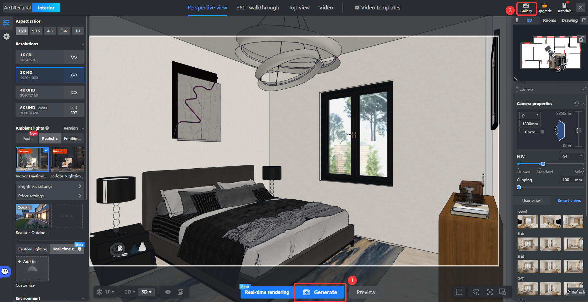 1. Interface/Feature Module: Render Settings panel > Top navigation bar and bottom action bar  
2. Annotation targets:  
   - Red number ①: Points to the **Generate** button at the bottom  
   - Red number ②: Points to the **Gallery** button at the top  
3. Actions:  
   - ① Starts the final image rendering process.  
   - ② Opens the Gallery so you can view saved render results.  

Workflow: Configure your settings in the panel, click ① to generate the image, then use ② to manage or review your results.