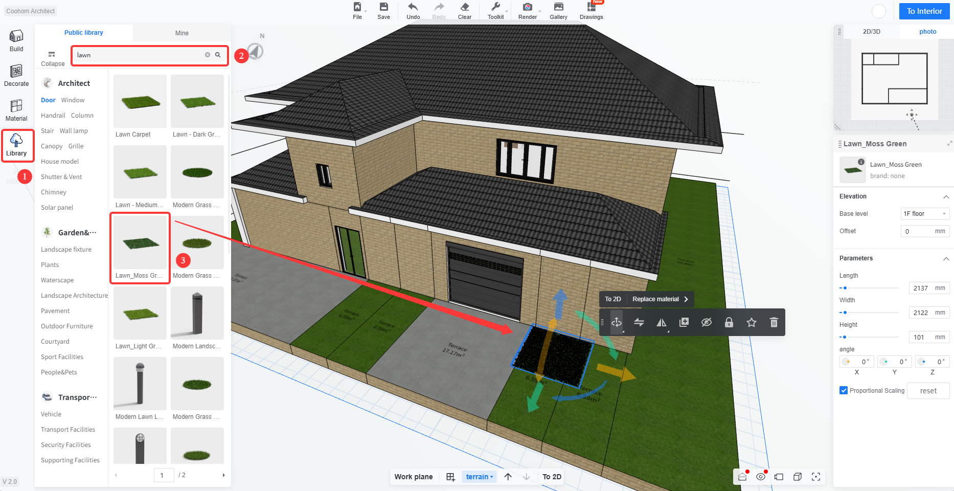 1. Interface module: Library > Public Library
2. Annotation guide:
① Points to the "Library" main menu item on the left.
② Points to the asset search input box (with "lawn" already entered).
③ A red arrow highlights and points to the "Lawn_Moss Green" lawn model item, with the arrow ending at the selected model object in the scene.
3. Purpose: By clicking the Library, searching for a keyword, and selecting a specific model, you can place the chosen lawn asset into the 3D scene for layout.