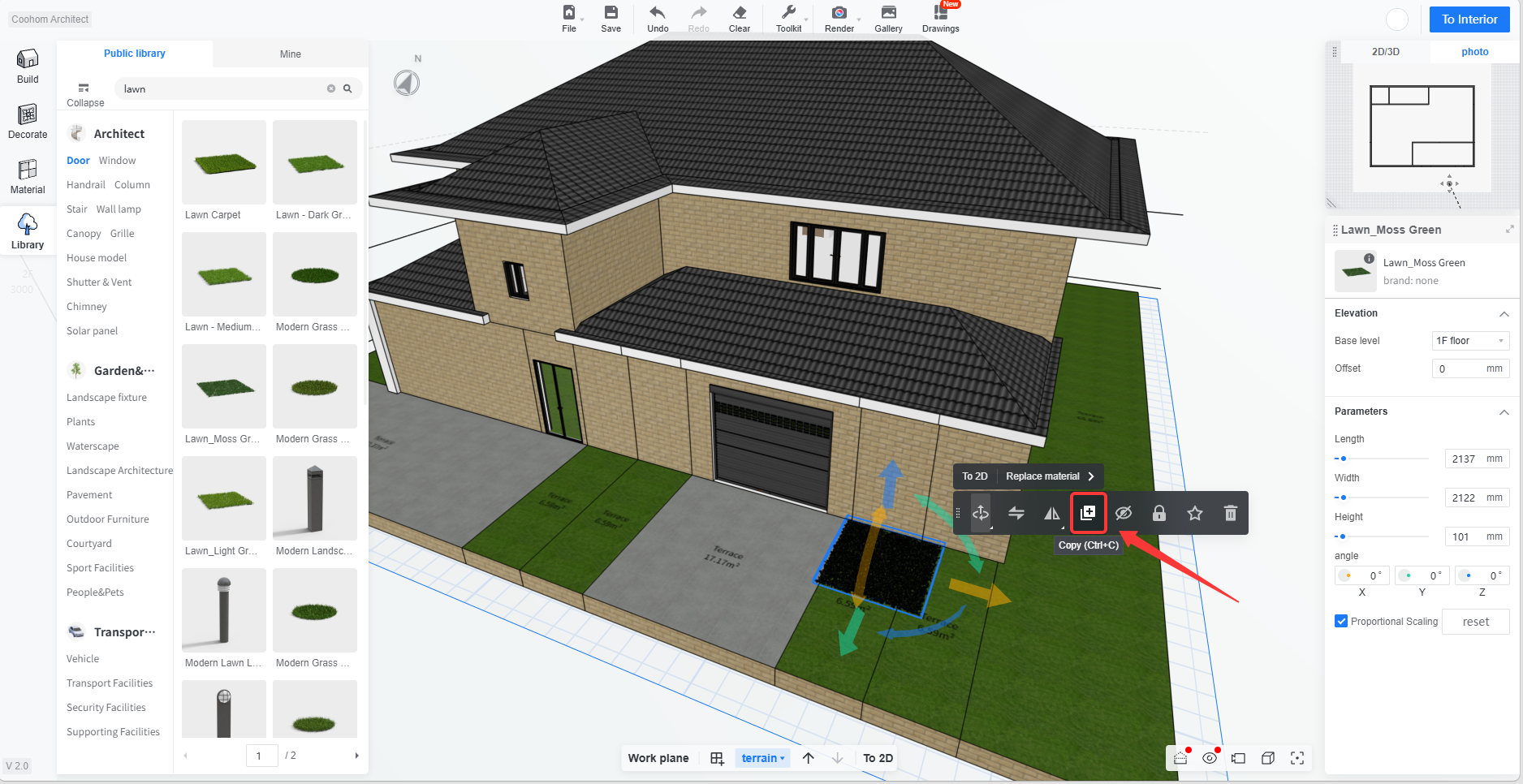 1. Interface or functional module name: 3D editor > Object quick actions toolbar  
2. Precise object indicated by the annotation: "Copy (Ctrl+C)" button  
3. Role of this action in the workflow: Quickly duplicates the currently selected model object (such as the lawn area shown in the screenshot).