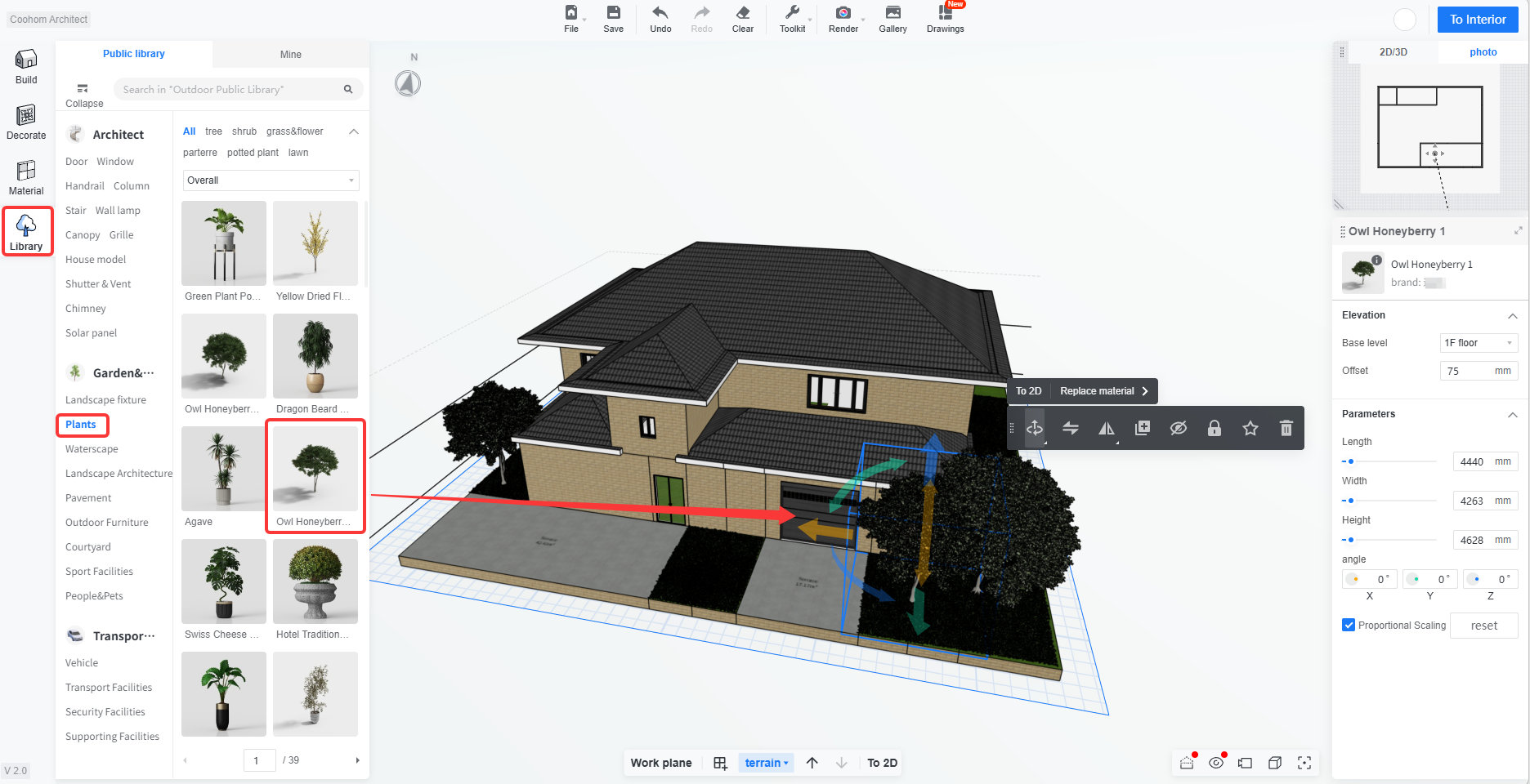 1. Interface module: Public Library > Plants
2. Annotations:
   - Red box 1: The "Plants" category in the left menu.
   - Red box 2: The "Owl Honeyberry" plant asset in the model library.
   - Red arrow: Points from the selected plant asset to the corresponding model placed in the scene.
3. Purpose: Demonstrates how to select a specific plant asset from the Plants category in the Public Library and add it to the 3D scene.