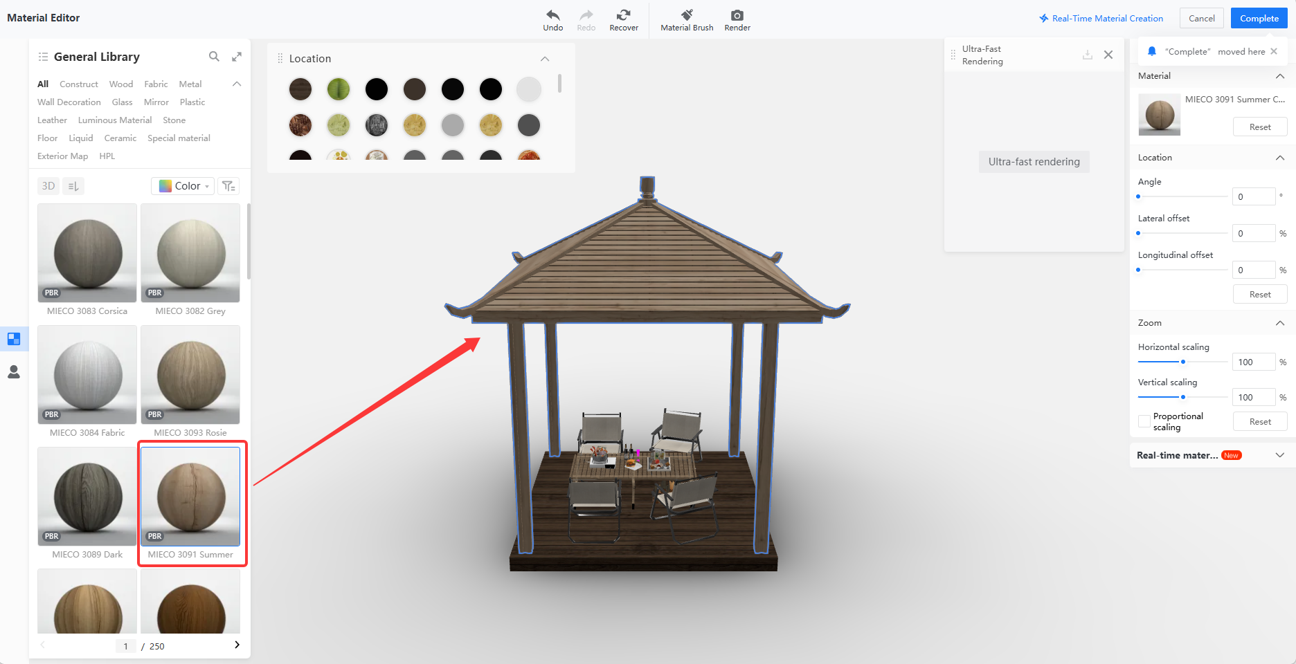 1. Interface module: Material Editor > General Library
2. Annotations:
   - Red box: Points to the "MIECO 3091 Summer" material option.
   - Red arrow: Points from the material to the pavilion's roof/columns in the scene.
3. Purpose: Applies the selected material (MIECO 3091 Summer) to the surface of a specific model component in the scene.