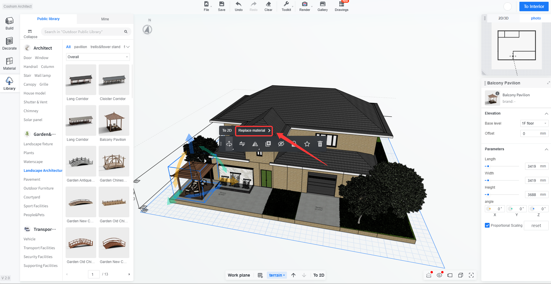 1. Interface or feature module name: 3D Editor > Object Quick Actions Menu  
2. Precise object indicated by the annotation: The red arrow points to and highlights the "Replace Material" button  
3. Role of this action in the workflow: Quickly change the material of the selected model object
