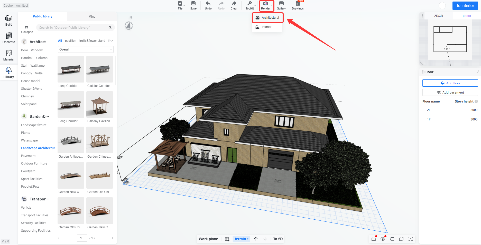 1、界面或功能模块名称：顶部工具栏 > 渲染设置
2、标注指向的精确对象：红色箭头指向“Render”按钮，红色方框选中的是下拉菜单中的“Architectural”选项。
3、该操作在工作流中的作用：用于在渲染模式中选择“建筑渲染”方案，以便对当前场景进行建筑效果出图。