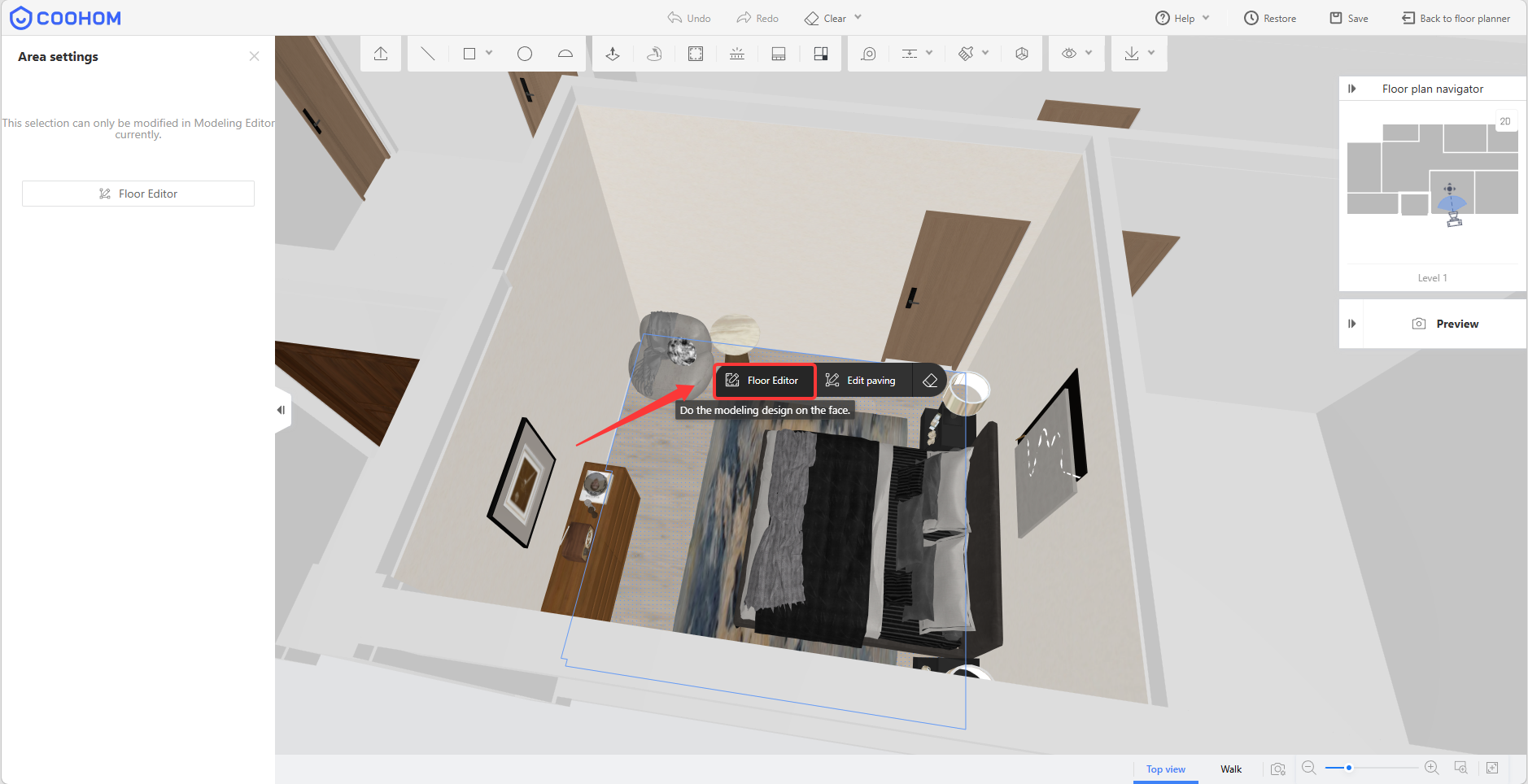 1. Interface/Feature Module: 3D Scene Editor > Element Quick Actions Menu
2. Annotation Target: The red arrow points to the "Floor Editor" button
3. Function: Opens the Floor Editor to model and design the selected face.