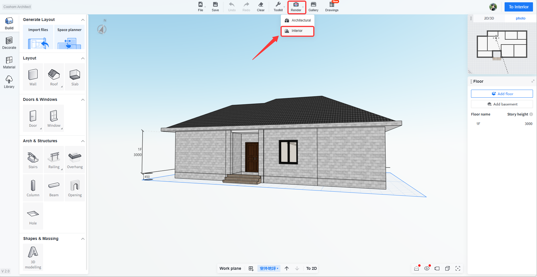 1. Interface or feature name: Top toolbar > Render dropdown menu
2. Exact object indicated by the annotation: The red box points to the "Render" button and its expanded "Interior" option, and the red arrow points to the "Interior" menu item.
3. Role of this action in the workflow: Used to select the "Interior" rendering mode in the render settings to start the rendering process for an interior scene.