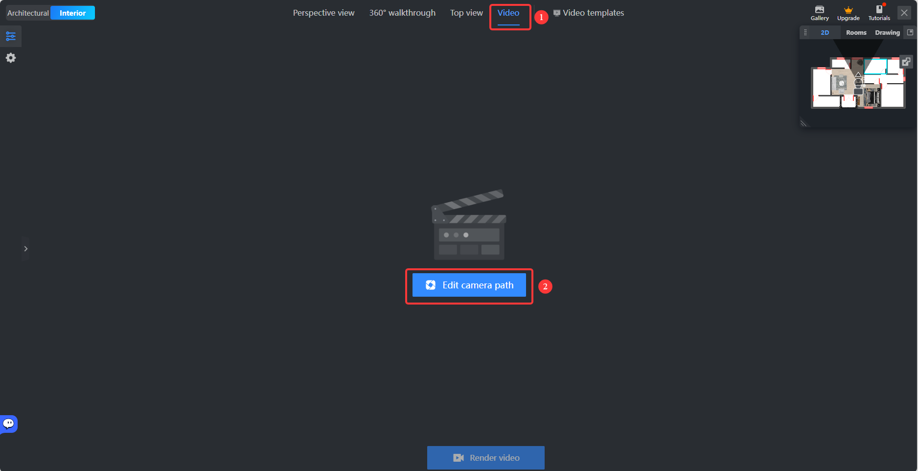 1. Interface modules: Top navigation bar and the main video editing interface.
2. Annotated elements:
① The "Video" menu item highlighted in red.
② The "Edit camera path" button highlighted in red.
3. How it works: First, click "Video" to enter Video mode. Then, click the "Edit camera path" button to edit the camera movement path for your video.