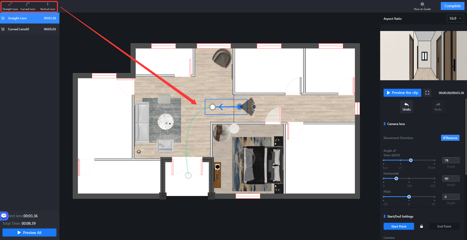 1. Interface or module name: Virtual Tour Editor > 2D Floor Plan Editing Area
2. Precise object indicated by the annotation: The red arrow points to the "camera path/keyframe control points" (blue line segments and endpoints) in the floor plan.
3. Role of this operation in the workflow: Used to define or adjust the virtual camera's movement path and shooting positions to control the perspective of the final generated tour video.