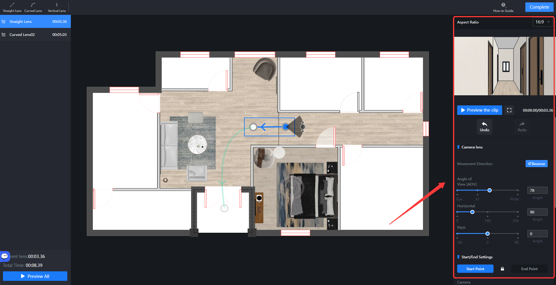 1. Interface module: Virtual Tour Editor > Path editing and parameter panel
2. Annotation references:
   - Blue box and arrow: Point to the "camera path/movement trajectory" on the floor plan, used to define the camera's movement start and end points.
   - Red arrow: Points to the "Camera lens" parameter adjustment panel on the right.
3. Function: By planning a path on the floor plan and adjusting the Angle of View (AOV), Horizontal angle, and Pitch on the right panel, you can precisely control the visual presentation of the virtual tour.