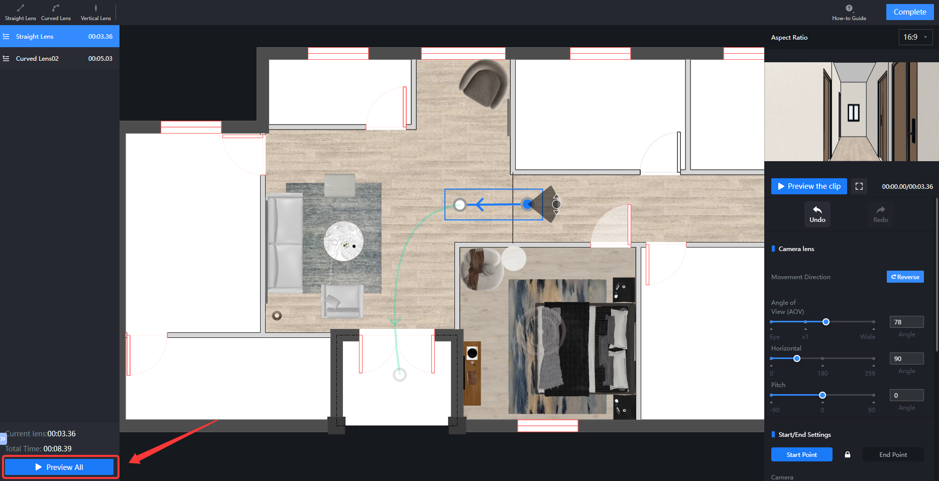 1. Interface/Feature Module: Virtual Tour Editor > Floor Plan Editor  
2. Annotation Targets:  
   - Blue arrow and selection box: Point to the camera path points / movement trajectory on the floor plan.  
   - Green arrow: Points to the extension direction / next key point of the path.  
   - Red arrow: Points to the **Preview All** button in the lower-left corner.  
3. Function: Define camera path points on the floor plan to plan the walkthrough trajectory, then click **Preview All** to preview the complete walkthrough effect.