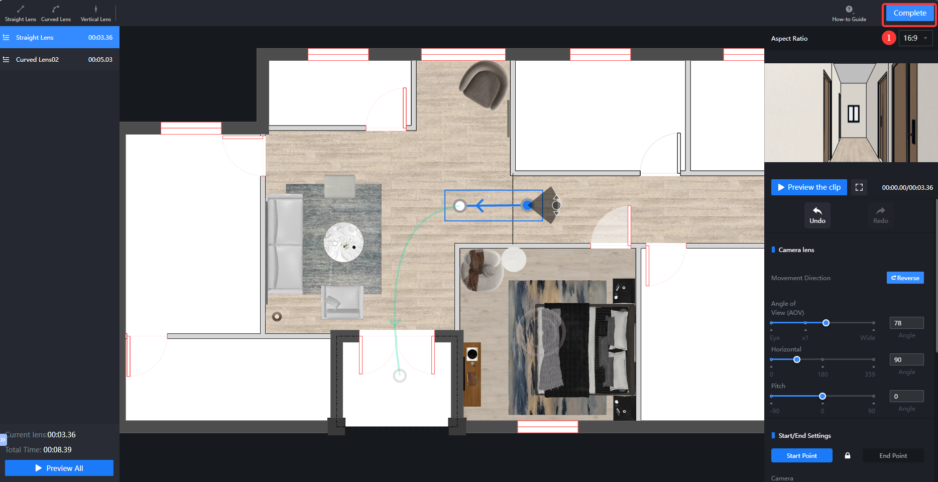 1. Interface/Functional Module: Virtual Tour Editor > Floor Plan Path Editing Area  
2. Annotation Targets:  
   - Blue box and arrow: Point to two key points on the path and the connecting line between them.  
   - Red box: Points to the **Complete** button in the upper-right corner.  
   - Red number ①: Points to the **Aspect Ratio** setting.  
3. Purpose:  
   - Blue annotation: Used to adjust the start point, end point, or trajectory direction of the camera movement path.  
   - Red annotation: ① Used to set the aspect ratio, then click the **Complete** button to finalize and submit the current path configuration.