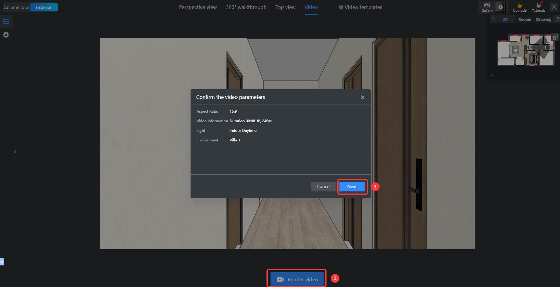 1. Interface/Feature Module: Video Rendering > Parameter Confirmation Dialog
2. Annotation Targets:
   - Number ②: The "Render video" button at the bottom
   - Number ③: The "Next" button inside the dialog
3. Actions:
   - Step ②: Click the "Render video" button to start the video rendering process.
   - Step ③: After confirming that the video parameters (such as aspect ratio, duration, lighting, etc.) are correct, click the "Next" button to proceed to the next rendering step.