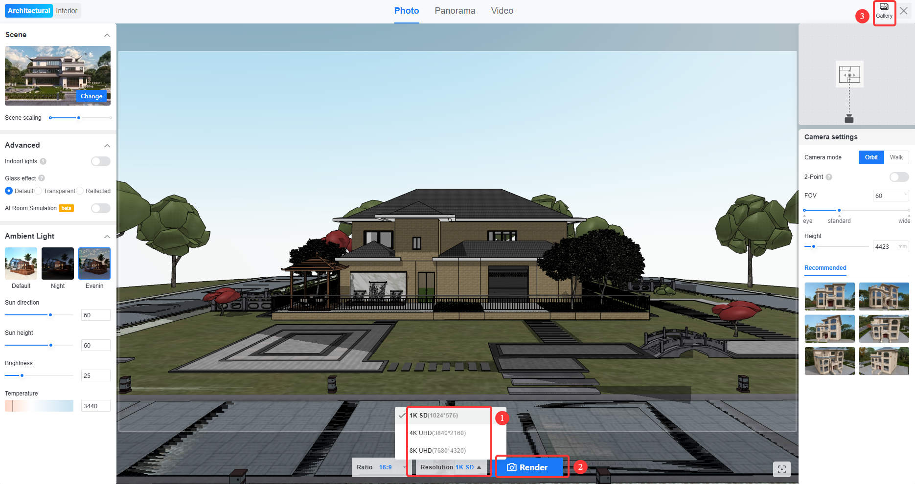 1. Interface module: Render Settings > Bottom Control Bar
2. Annotations:
   - Number ①: Points to the "1K SD (1024*576)" option in the "Resolution" dropdown menu.
   - Number ②: Points to the "Render" button.
3. Function: The user selects the desired image resolution (e.g., 1K SD) and then clicks the Render button to generate the final scene image.
