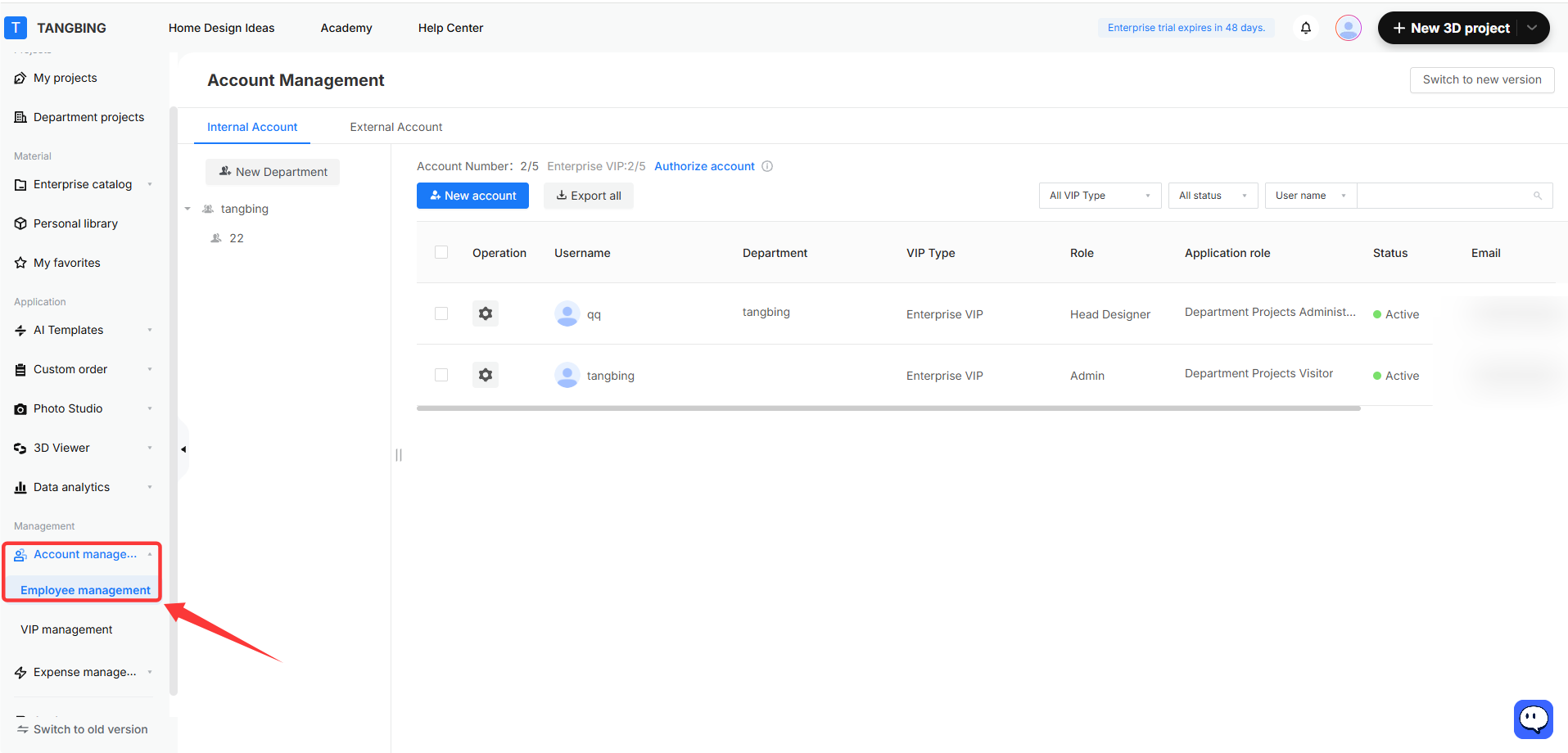 **Module:** Management > Account Management

**Target Object:** "Employee management" menu item (indicated by the red box and arrow).

**Function:** Used to navigate to the employee management section to manage staff accounts and permissions.