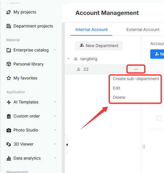 **Module:** Account Management > Internal Account

**Annotated Objects:**
1. **Red Box (Top):** The "More options" (ellipsis) button associated with a specific department entry.
2. **Red Box (Bottom) & Red Arrow:** The dropdown options menu containing "Create sub-department", "Edit", and "Delete".

**Workflow Purpose:**
The user clicks the "More options" button to trigger the dropdown menu, which is used to manage department settings, specifically for creating sub-departments, editing existing details, or deleting the department.