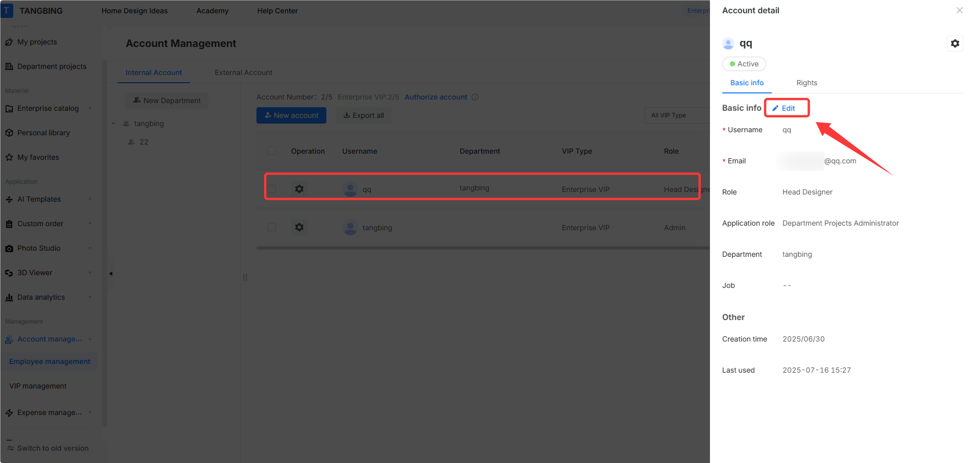 **Module:** Account Management > Account Detail Panel

**Annotations:**
1. **Red Box:** Highlights a specific user record (Username: "qq") within the account list. This indicates the target account being selected for detailed viewing or modification.
2. **Red Arrow:** Points to the **"Edit" button** located in the "Basic info" section of the Account detail side panel.

**Workflow Purpose:**
The user first selects a specific account from the list (highlighted box) to open its details, then clicks the "Edit" button (indicated by the arrow) to modify the account's basic information.
