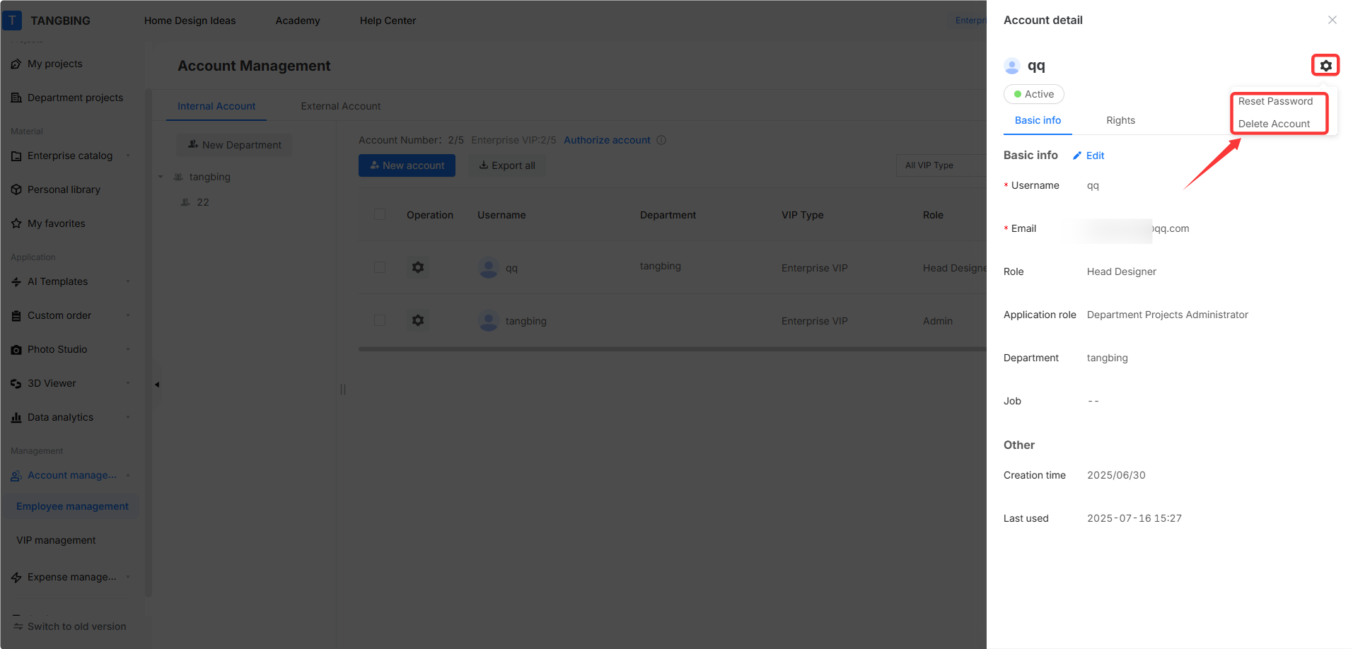 **Module:** Account Management > Account detail panel

**Target Object:** "Reset Password" and "Delete Account" options within the settings dropdown menu.

**Action/Purpose:** Used to manage account security by resetting the user's password or permanently removing the account from the system.