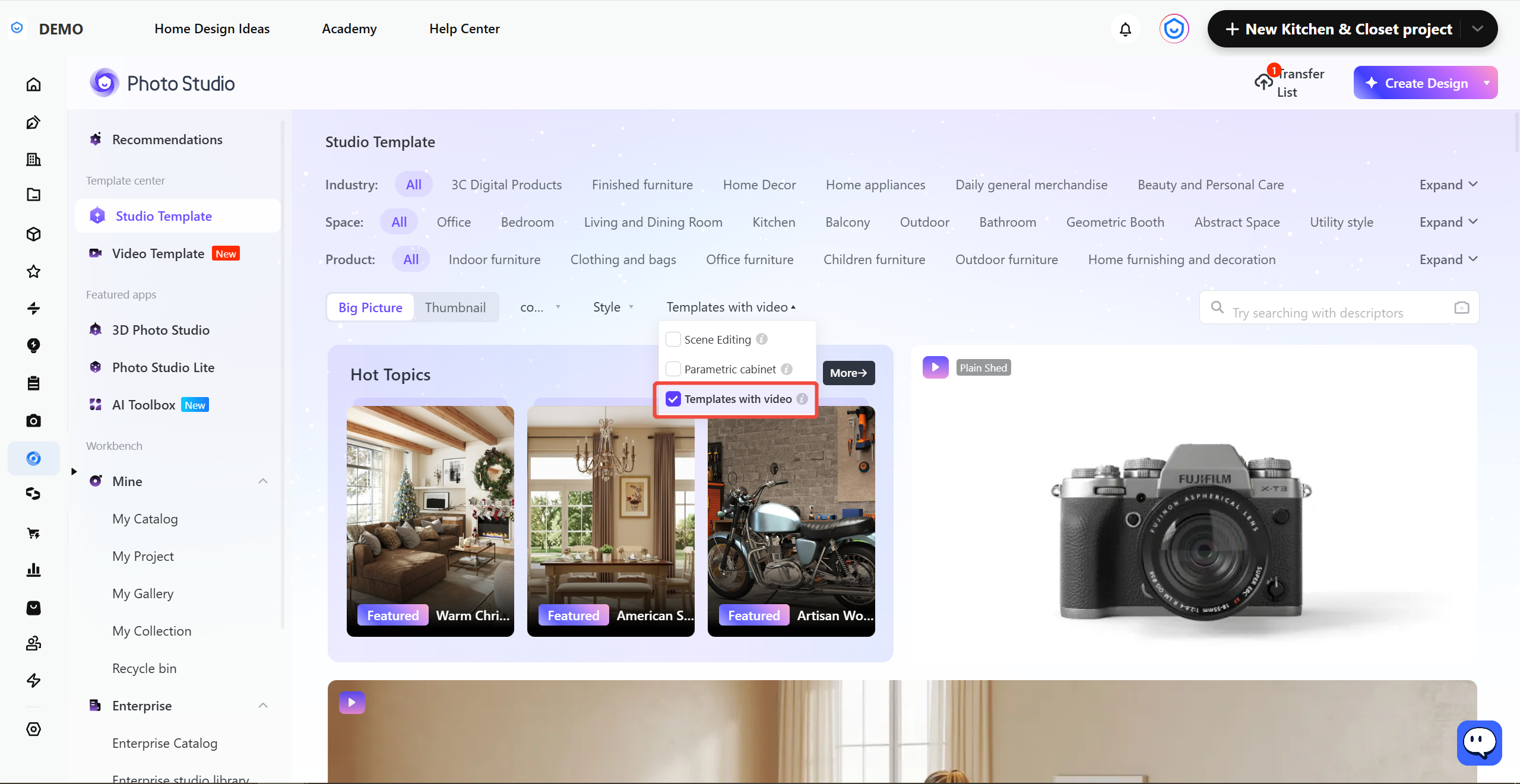**Module:** Photo Studio > Studio Template

**Annotated Object:** "Templates with video" checkbox (indicated by the purple selection box).

**Function:** Used to filter the template library to display only those that support video content.