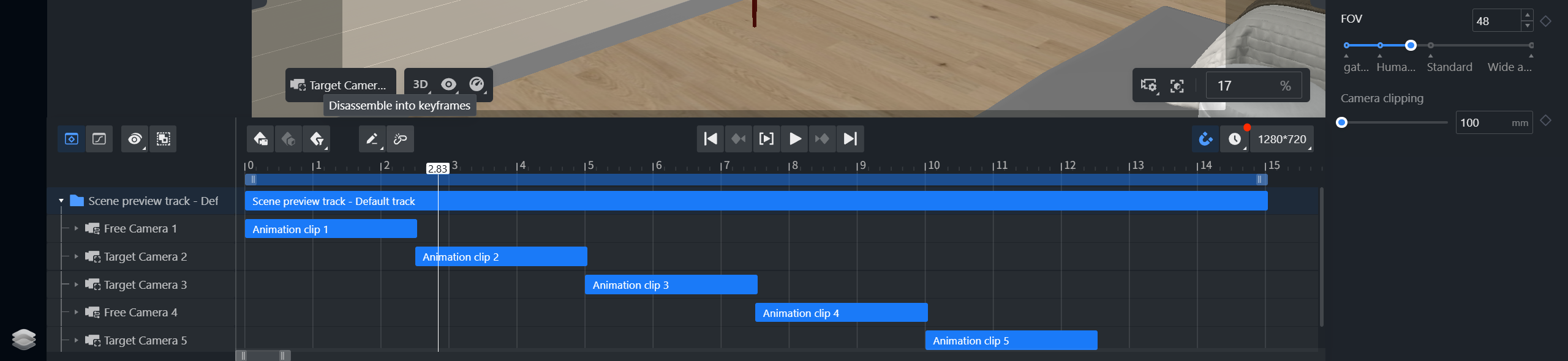 **Module:** Timeline / Animation Editor

**Identified Elements:**
*   **Target Camera... (Context Menu):** A dropdown menu triggered by the selected camera object.
*   **"Disassemble into keyframes" option:** A specific command within the context menu used to break down animation clips into individual keyframes for precise editing.
*   **Timeline Tracks:** The "Scene preview track" containing sequential "Animation clips" (1 through 5), used to manage the timing and order of camera movements.

**Workflow Action:**
The user is accessing the camera's context menu to select "Disassemble into keyframes," which converts a high-level animation clip into editable keyframes on the timeline for fine-tuning.
