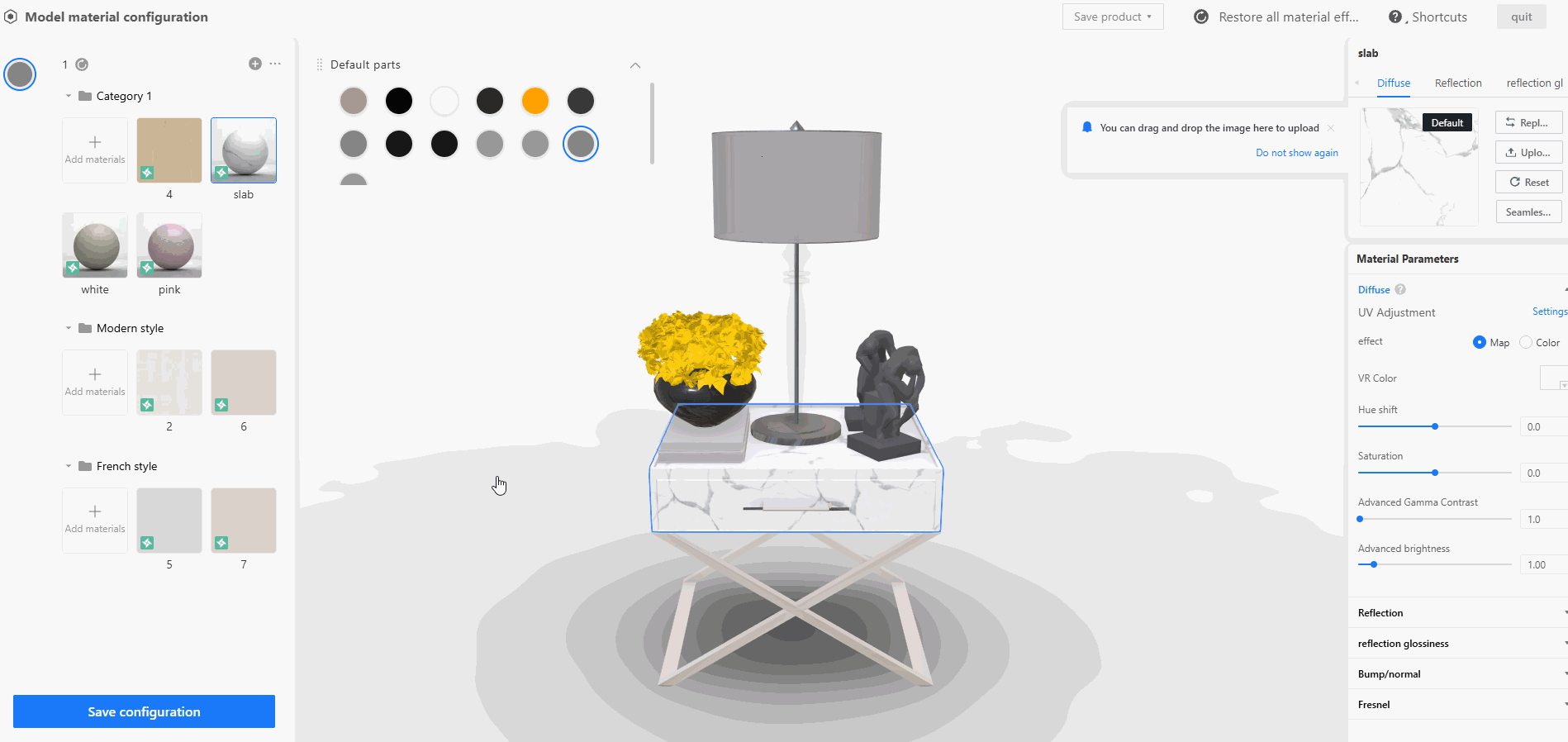 **Module:** Model material configuration > 3D Preview Area

**Target Object:** The blue bounding box highlighting the tabletop of the furniture model.

**Function:** Used to indicate the specific surface or part of the model currently selected for material application and parameter adjustment.