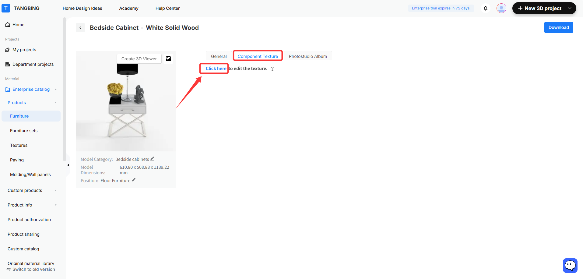 **Module:** Product Details > Component Texture Tab

**Targeted Objects:**
1. **"Component Texture" tab:** Highlighted by a red box to indicate the active configuration panel.
2. **"Click here" link:** Pointed to by a red arrow.

**Workflow Purpose:** The user is directed to select the "Component Texture" tab and then click the "Click here" link to enter the texture editing interface for the selected 3D model.