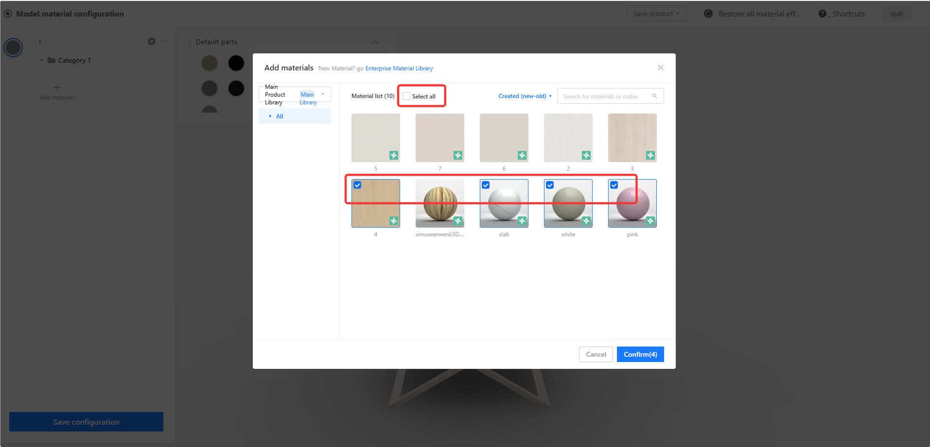 **Module:** Model material configuration > "Add materials" dialog

**Annotated Objects:**
1. **"Select all" checkbox:** Used to quickly select all available materials in the list.
2. **Material selection area (highlighted row):** Specific material thumbnails (e.g., "4", "slab", "white", "pink") with checked boxes, used to manually select multiple desired materials for the model.

**Workflow Purpose:** These markers guide the user on how to select one or multiple materials from the library before clicking the "Confirm" button to apply them to the configuration.