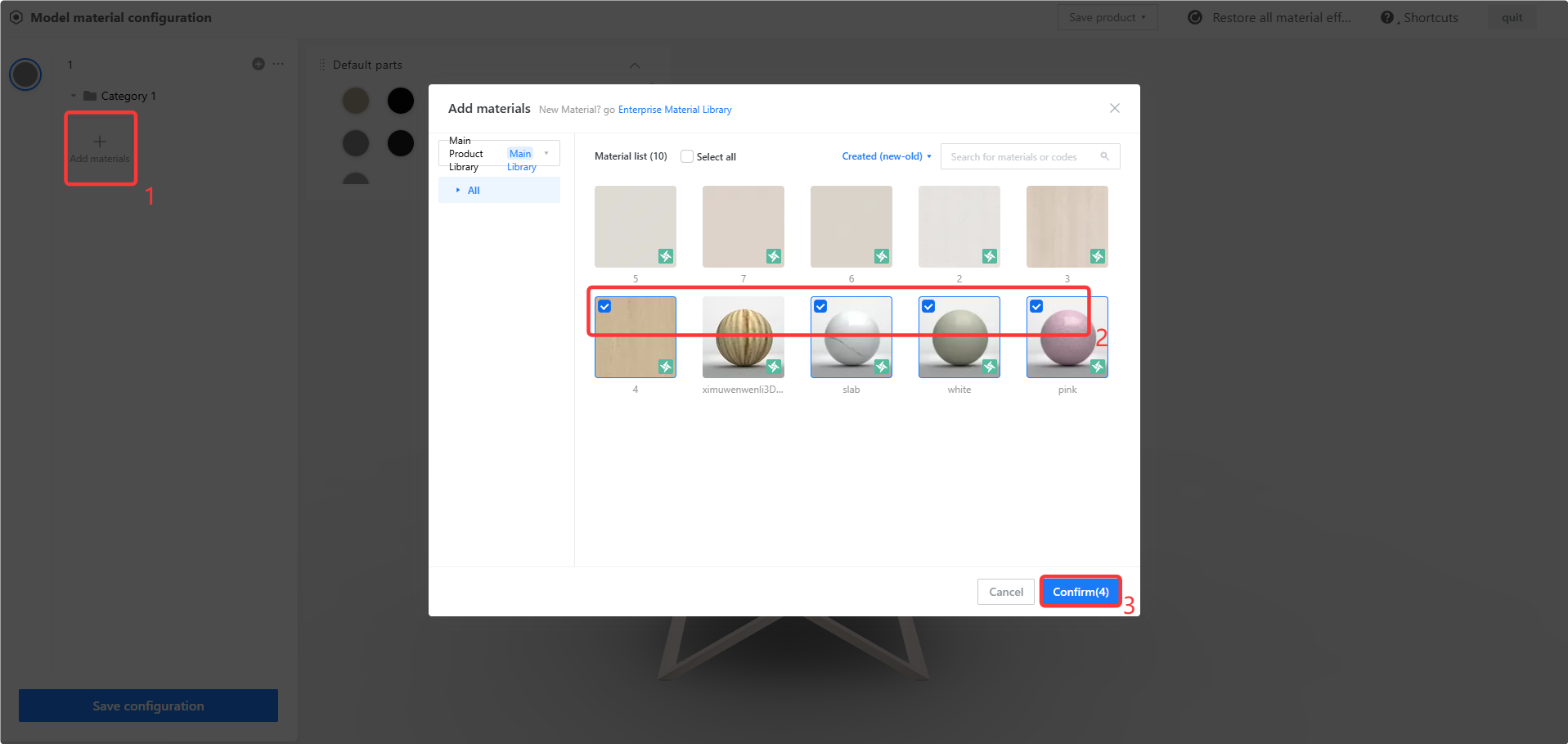 **Module:** Model material configuration > Add materials dialog

**Workflow Steps:**
1. **"Add materials" button:** Click to open the material selection pop-up window.
2. **Material selection area:** Select one or multiple material thumbnails from the list to be added to the model.
3. **"Confirm(4)" button:** Click to finalize the selection and apply the chosen materials to the configuration.