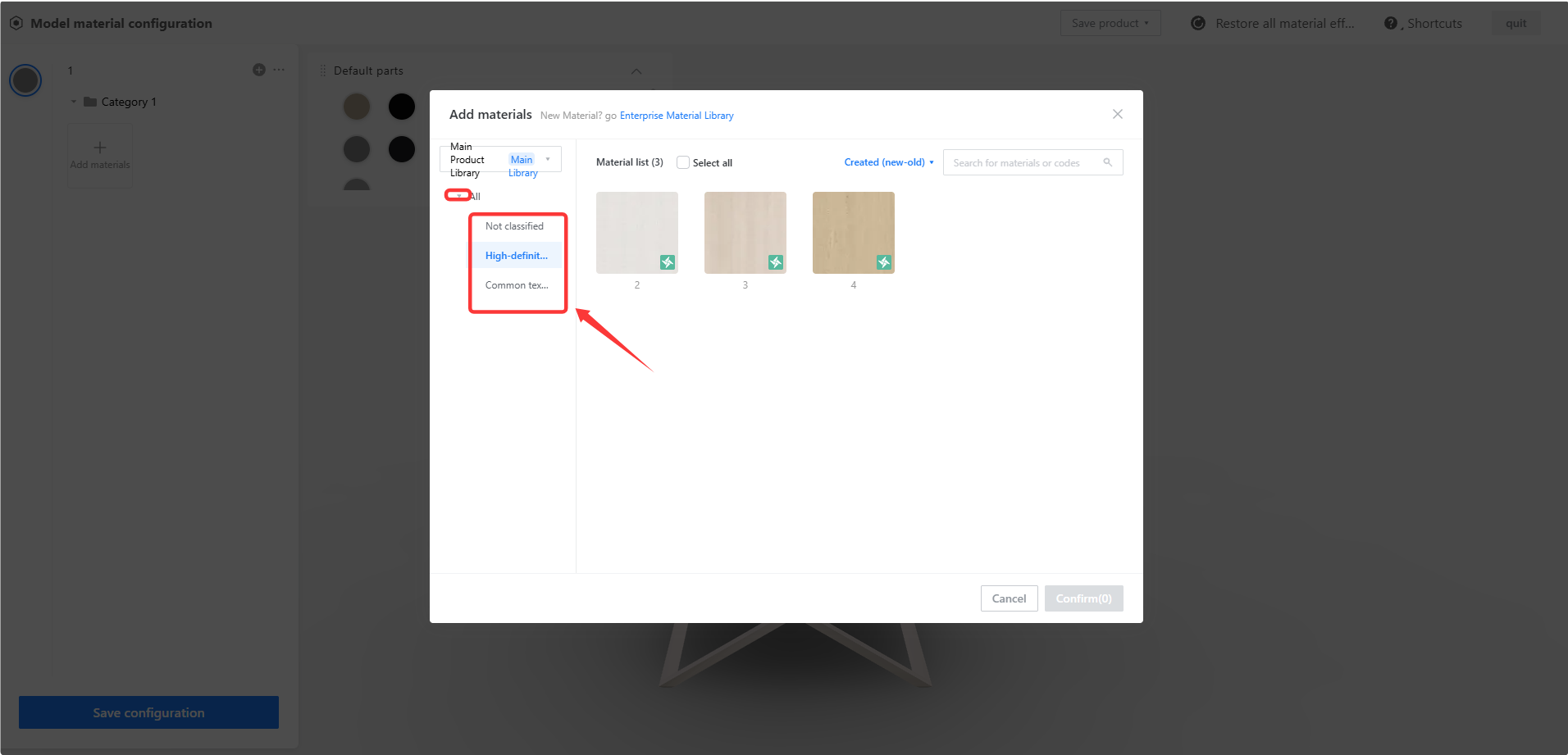 **Module:** Model material configuration > Add materials dialog

**Target Object:** Material category dropdown menu (specifically the selection list containing "Not classified", "High-definit...", and "Common tex...").

**Function:** Used to filter the material list by specific categories to quickly locate and select the desired material for the model.