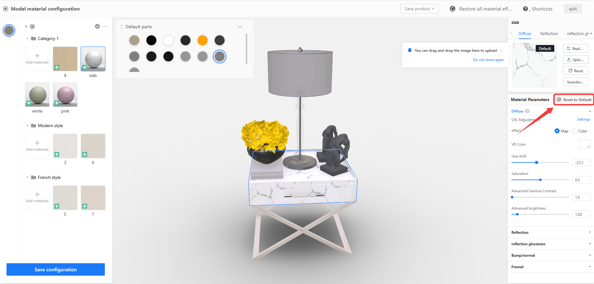 **Module:** Model material configuration > Material Parameters panel

**Target Object:** "Reset to Default" button (indicated by the red box and arrow)

**Function:** Used to restore the current material's parameter settings (such as Hue shift, Saturation, and Brightness) back to their original default values.