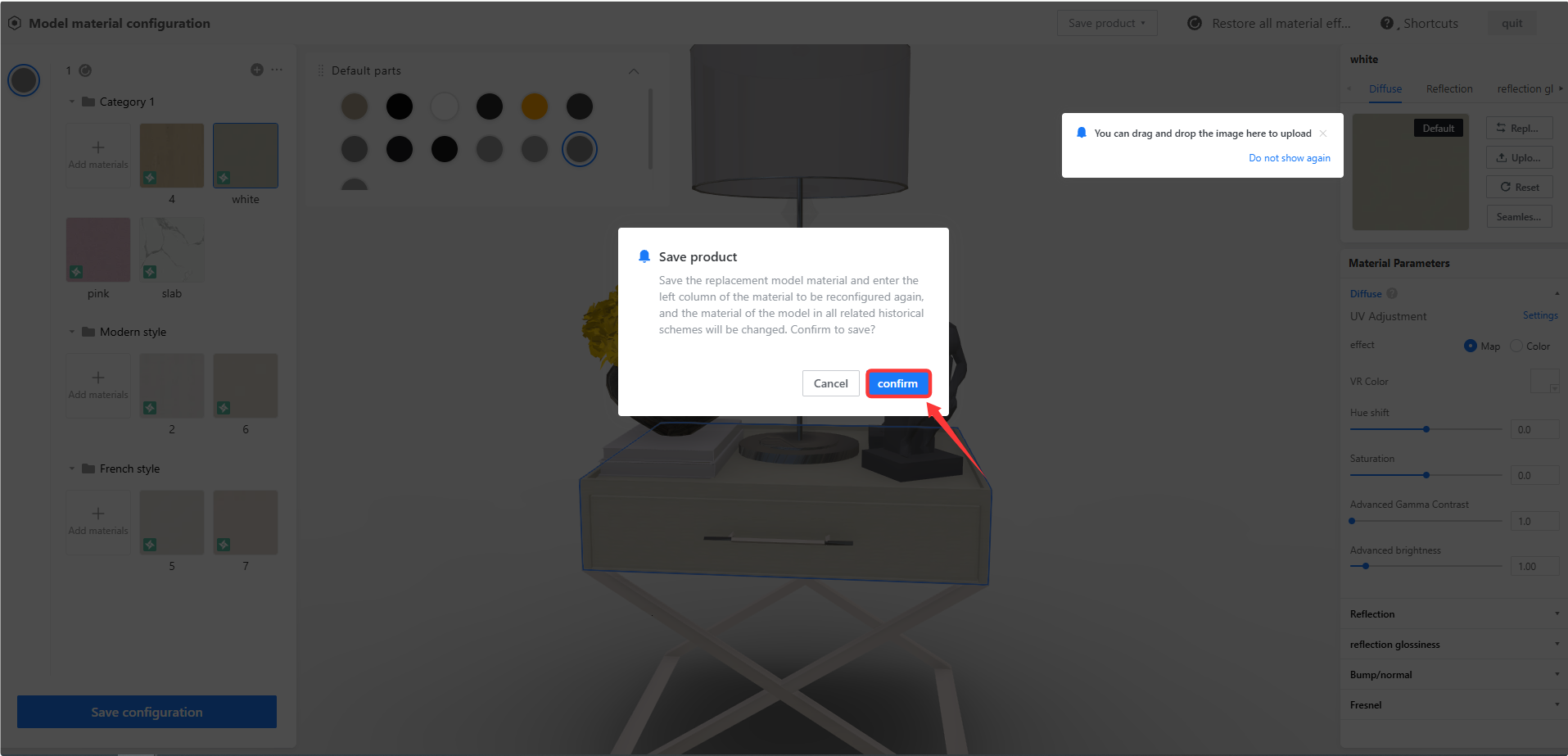 **Module:** Model material configuration > Save product confirmation dialog

**Target Object:** "confirm" button

**Action/Purpose:** Used to confirm the saving of replacement model materials and update the material configuration across all related historical schemes.