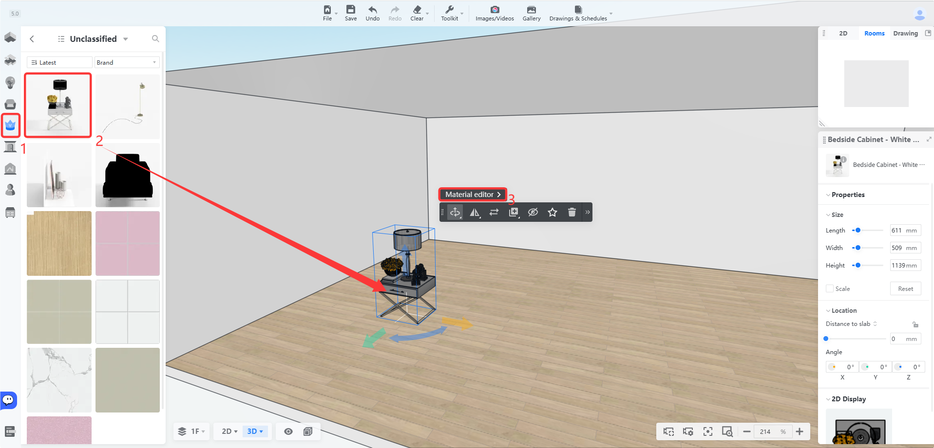 **Module:** Asset Library > 3D Scene Editor

**Guided Workflow:**
1. **Marker ①:** Points to the "Premium/Crown" category icon in the left sidebar, used to filter for premium assets.
2. **Marker ②:** The red box highlights a specific "Bedside Cabinet" asset; the arrow indicates the action of dragging and dropping this asset into the 3D scene to place the object.
3. **Marker ③:** Points to the "Material editor >" button in the floating object toolbar, used to open the material customization panel for the selected object.