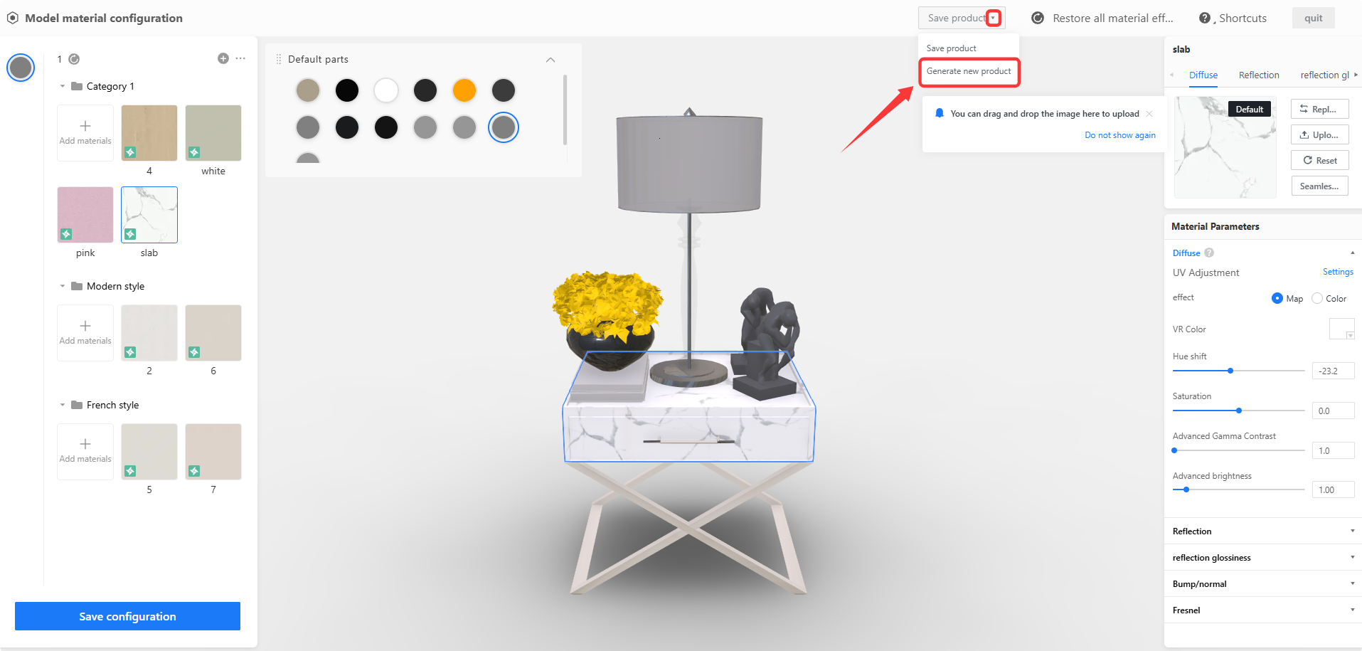 **Module:** Model material configuration > Top Navigation Menu

**Target Object:** "Generate new product" option within the "Save product" dropdown menu.

**Action/Purpose:** Used to create a new product based on the current material configuration.