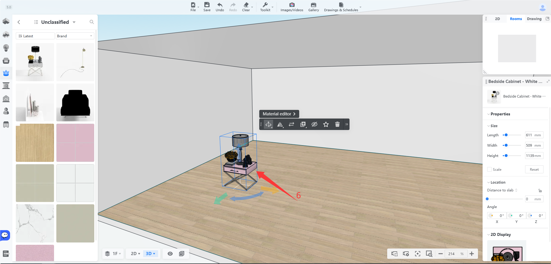 **Module:** 3D Scene Editor > Object Manipulation

**Annotated Objects:**
*   **Red Arrow (6):** Points to the "Vertical Move/Height Adjustment" handle of the selected object's bounding box.
*   **Blue Curved Arrow:** Points to the "Rotation" handle.
*   **Green/Blue Straight Arrows:** Point to the "Horizontal Translation/Position" handles.

**Workflow Purpose:**
These markers indicate the interactive handles used to adjust the position, rotation, and elevation of a selected 3D model (Bedside Cabinet) within the scene. Specifically, marker ⑥ demonstrates how to move the object vertically.