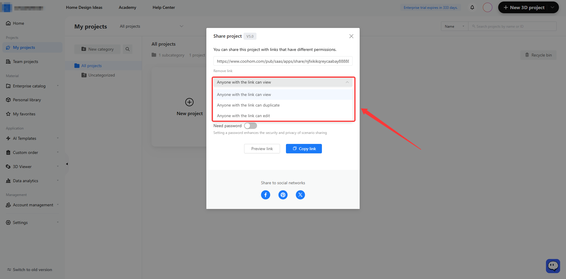 **Module:** My projects > Share project popup

**Target Object:** Permission dropdown menu (highlighted by red box and arrow), specifically the options for "Anyone with the link can view/duplicate/edit".

**Function:** Used to configure the access level and permissions for users who access the project via the shared link.