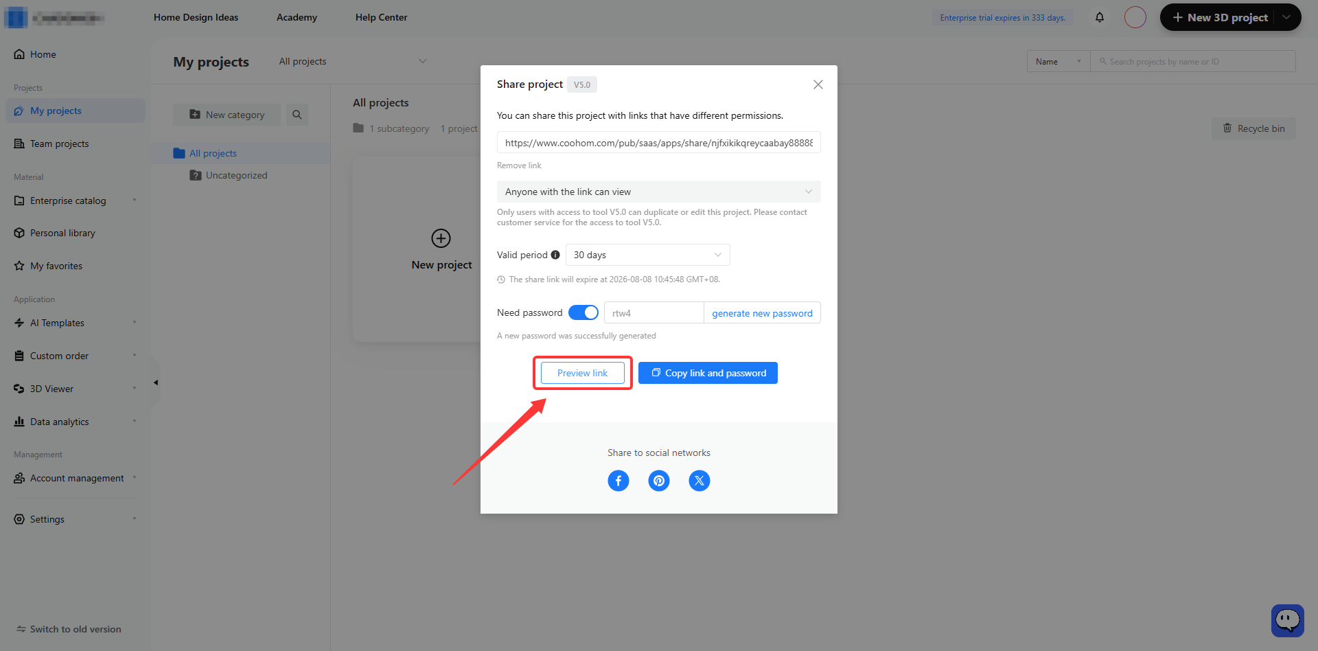 **Module:** My projects > Share project popup

**Target Object:** "Preview link" button (indicated by the red arrow and box)

**Function:** Used to preview the shared project link to verify its appearance and accessibility before sharing it with others.