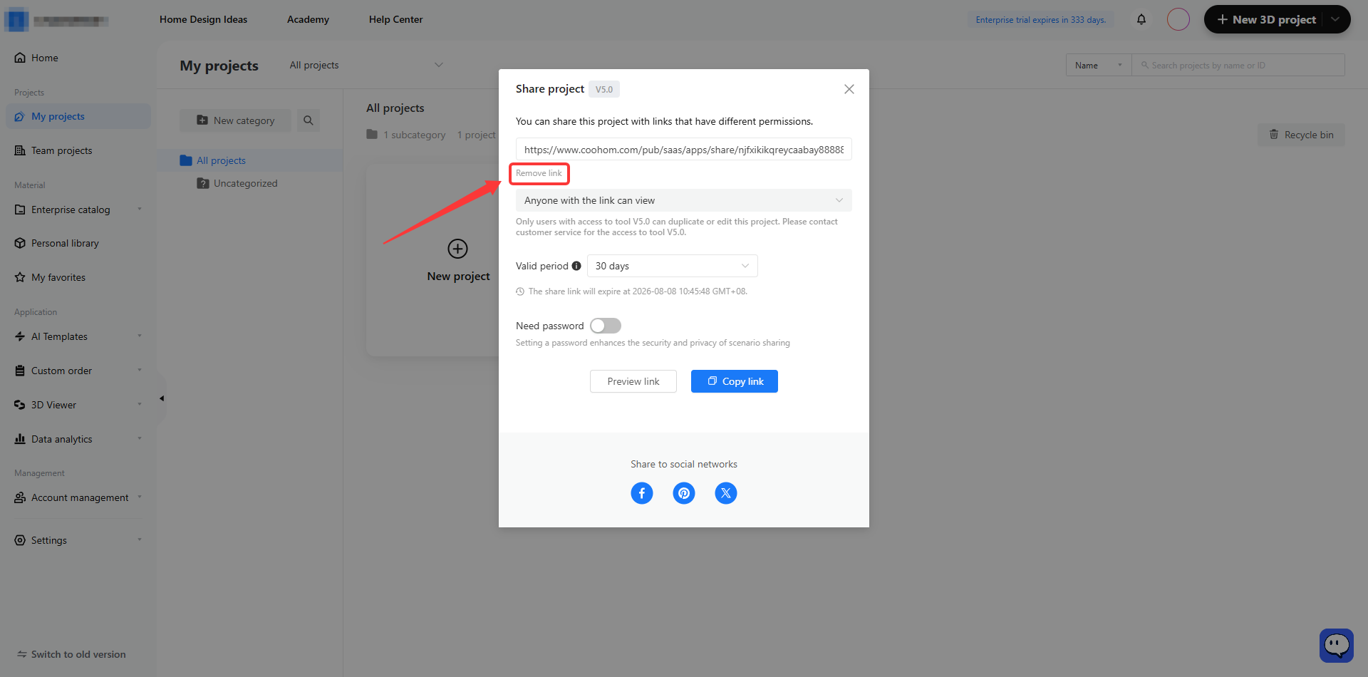 **Module:** My projects > Share project dialog

**Target Object:** "Remove link" button (indicated by the red arrow and red bounding box)

**Function:** Used to delete the existing sharing link to revoke external access to the project.