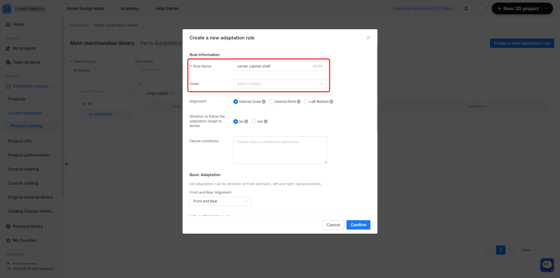 **Module:** Parts Adaptation Rules > "Create a new adaptation rule" dialog

**Targeted Object:** "Rule Information" section (specifically the "Rule Name" input field and "folder" dropdown menu)

**Purpose:** Used to define the basic identity and organizational location of a new adaptation rule before configuring its technical alignment and conditions.