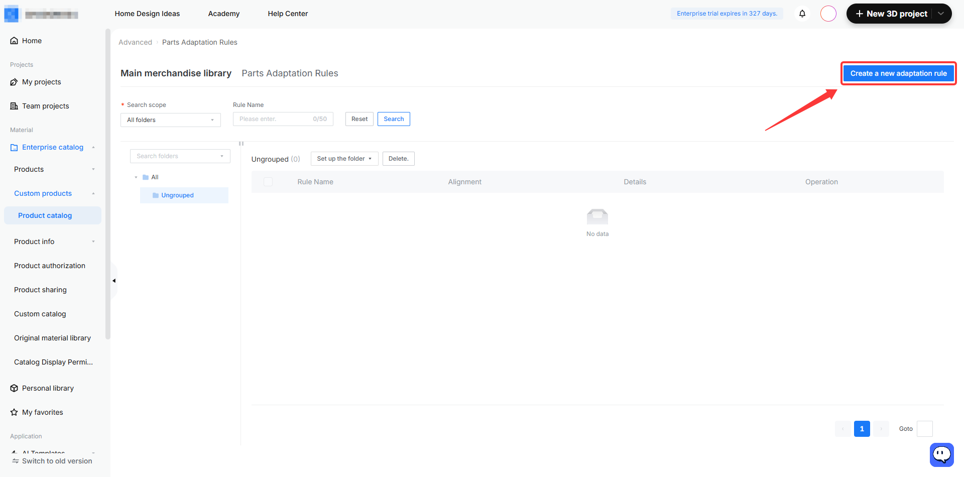 **Module:** Product catalog > Parts Adaptation Rules

**Target Object:** "Create a new adaptation rule" button

**Action/Purpose:** Used to initiate the creation of a new parts adaptation rule within the merchandise library.