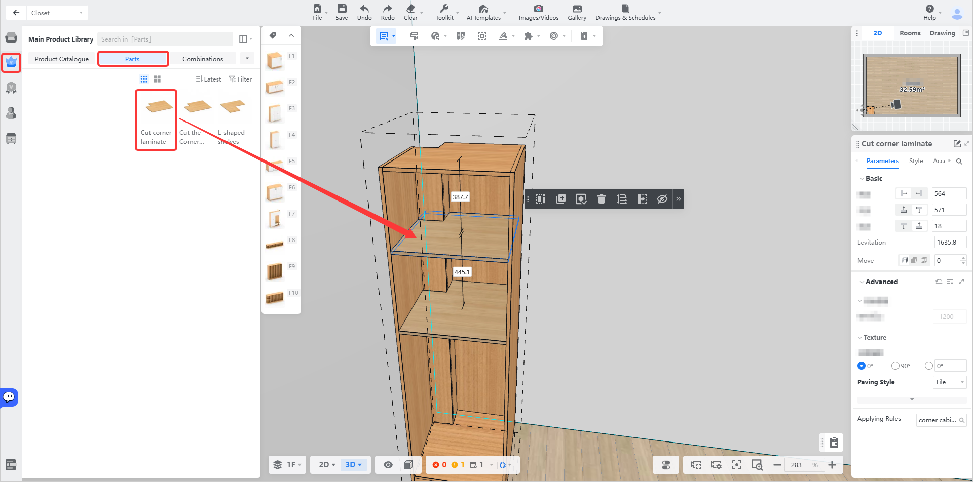 **Module:** Main Product Library > Parts

**Targeted Object:** "Cut corner laminate" component (highlighted by red box and arrow).

**Action/Purpose:** Selecting this specific part from the library to insert it into the 3D design workspace, as indicated by the arrow pointing to the placed shelf in the cabinet model.