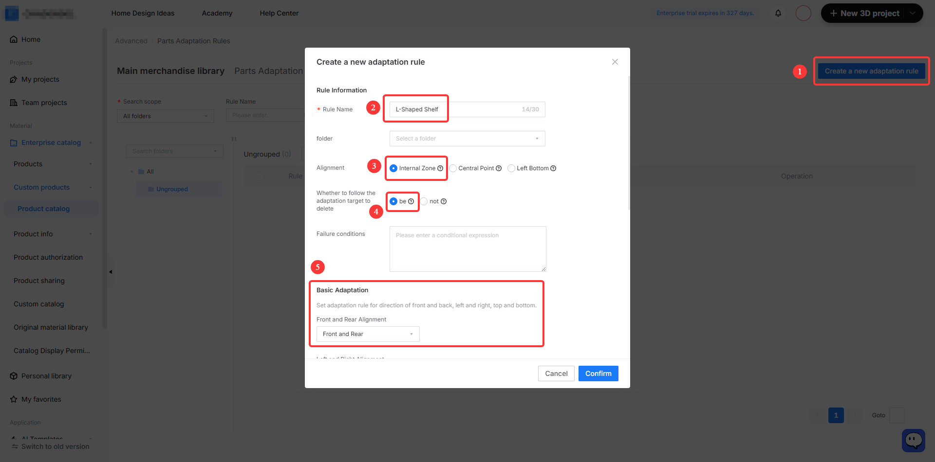 **Module:** Advanced > Parts Adaptation Rules > "Create a new adaptation rule" Dialog

**Workflow Steps:**
1. **'Create a new adaptation rule' button**: Initiates the process to add a new adaptation rule.
2. **'Rule Name' input field**: Used to specify the name of the rule (e.g., "L-Shaped Shelf").
3. **'Internal Zone' radio button**: Sets the alignment type for the adaptation rule.
4. **'be' radio button**: Determines whether to follow the adaptation target to delete.
5. **'Basic Adaptation' panel**: Used to configure directional adaptation rules for front, back, left, right, top, and bottom.